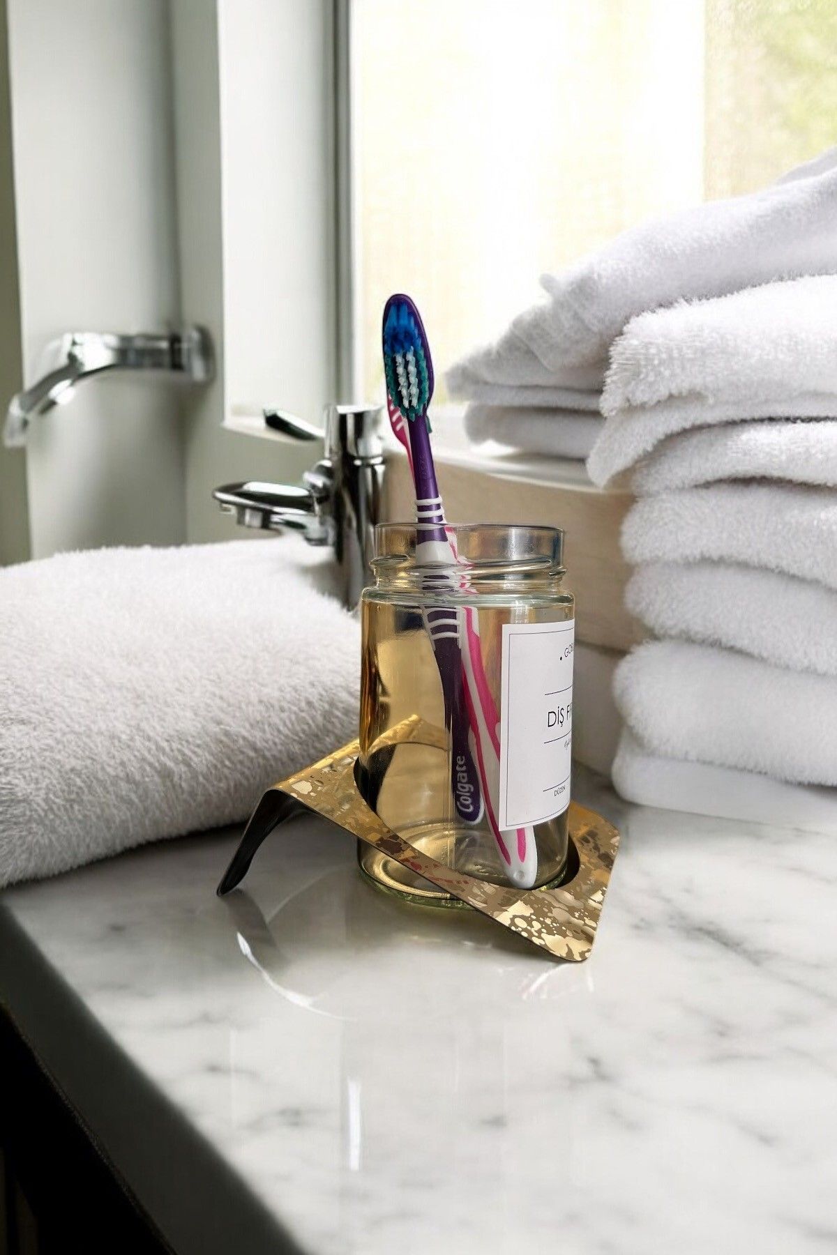 GO BLOBS-Stainless Steel - Toothbrush Holder, Gold Pattern, White Label with Stand 2