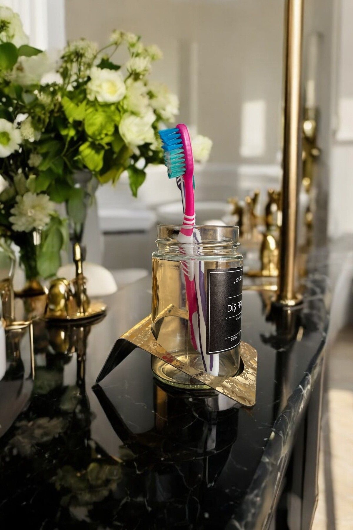 GO BLOBS-Stainless Steel Gold Patterned Stand Toothbrush Holder with Black Label 2