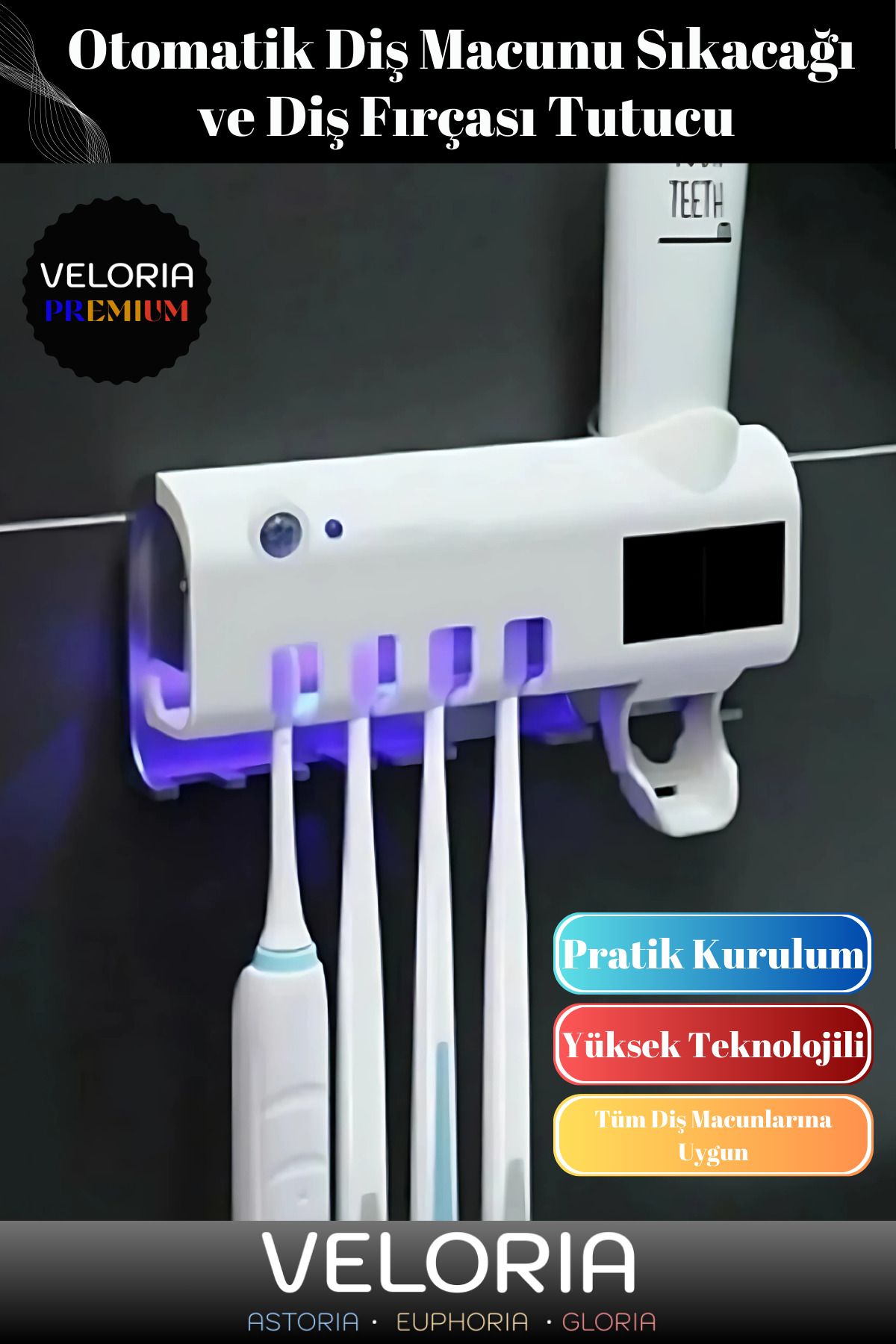 Premium Seri Usb Şarjlı Güneş Enerjili Otomatik Diş Macun Sıkacağı Sterilizatörlü 4'lü Fırça Tutucu