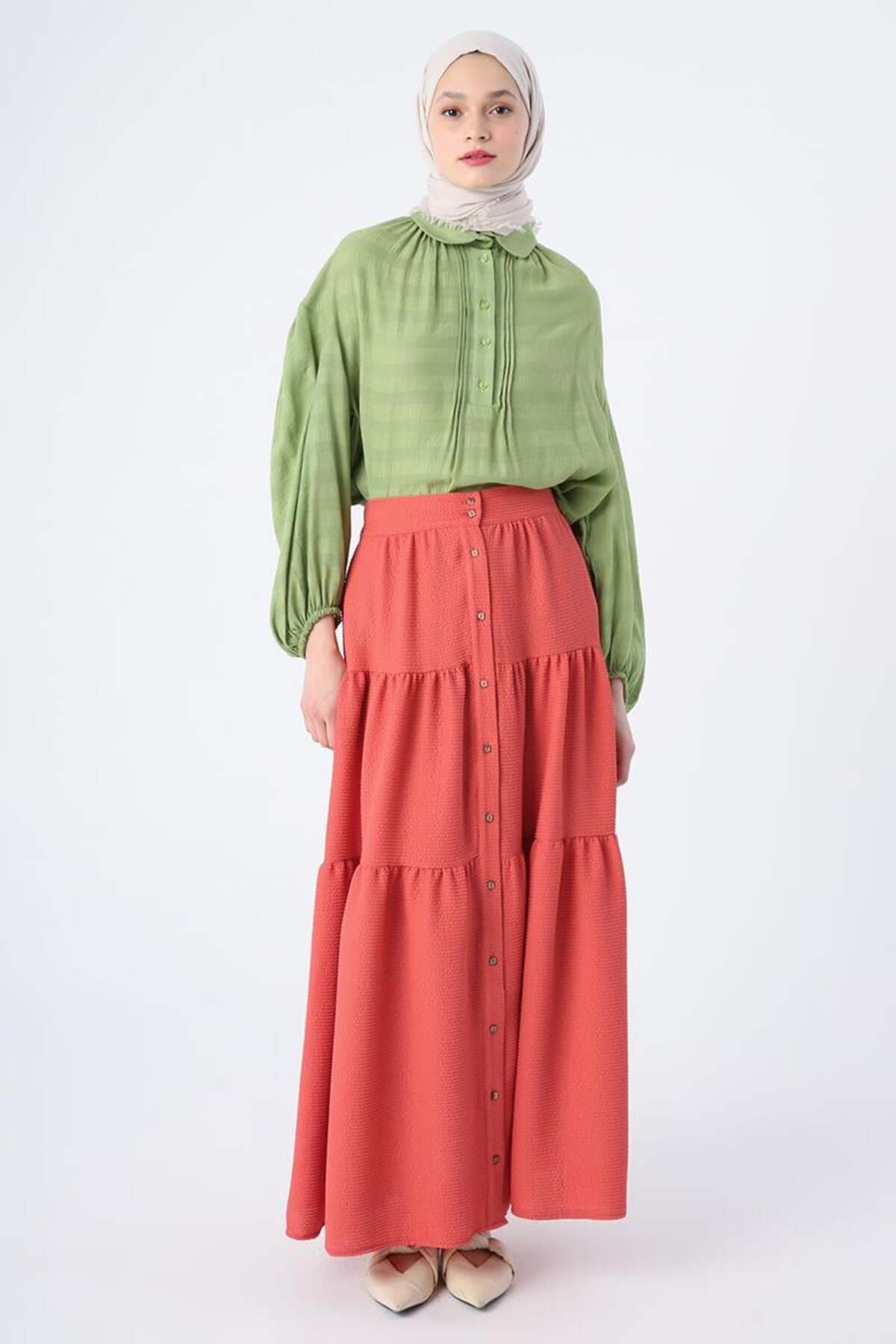 ALLDAY-Fuchsia-Buttoned Ruffled Wrapped Skirt with Elastic Waist 2