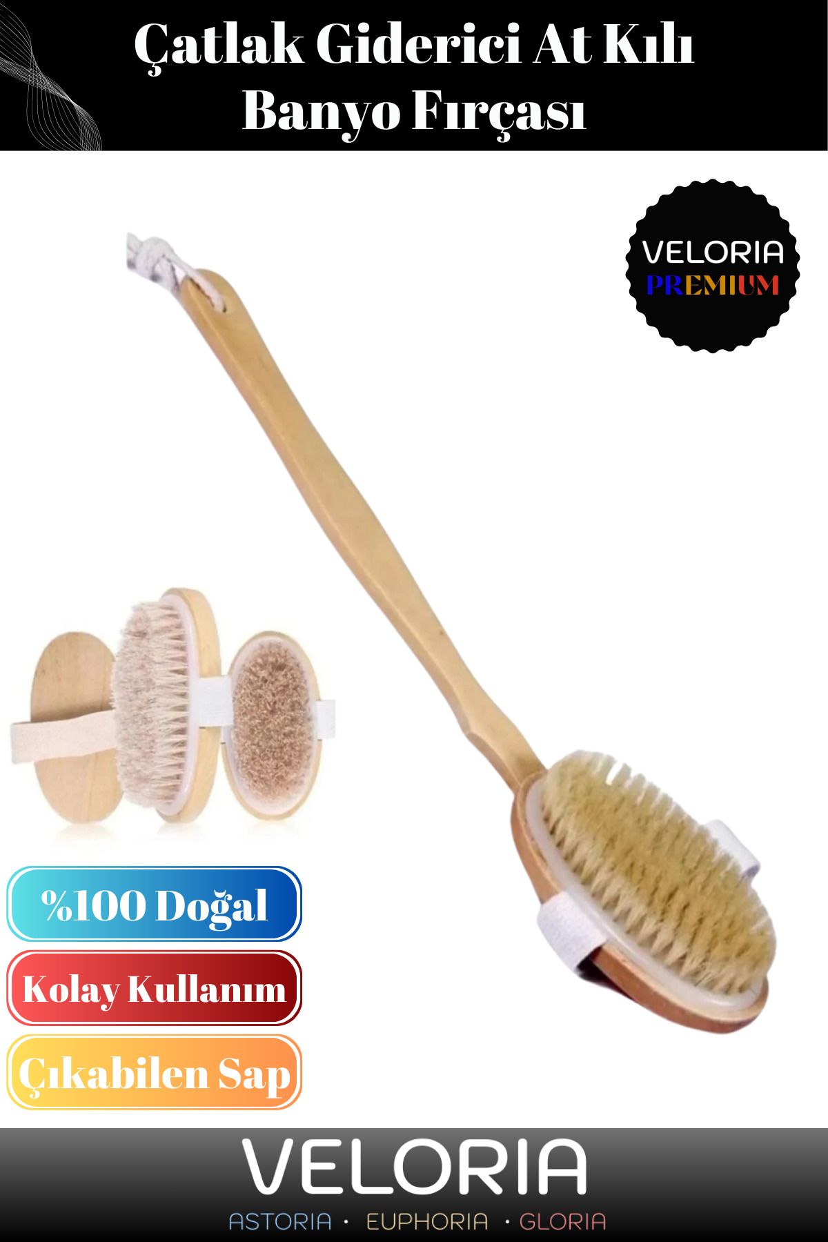 Veloria Premium Seri Saplı Uzun Selülit Önleyici Yumuşak Vücut Masaj %100 Doğal At Kılı Banyo Duş Fırçası