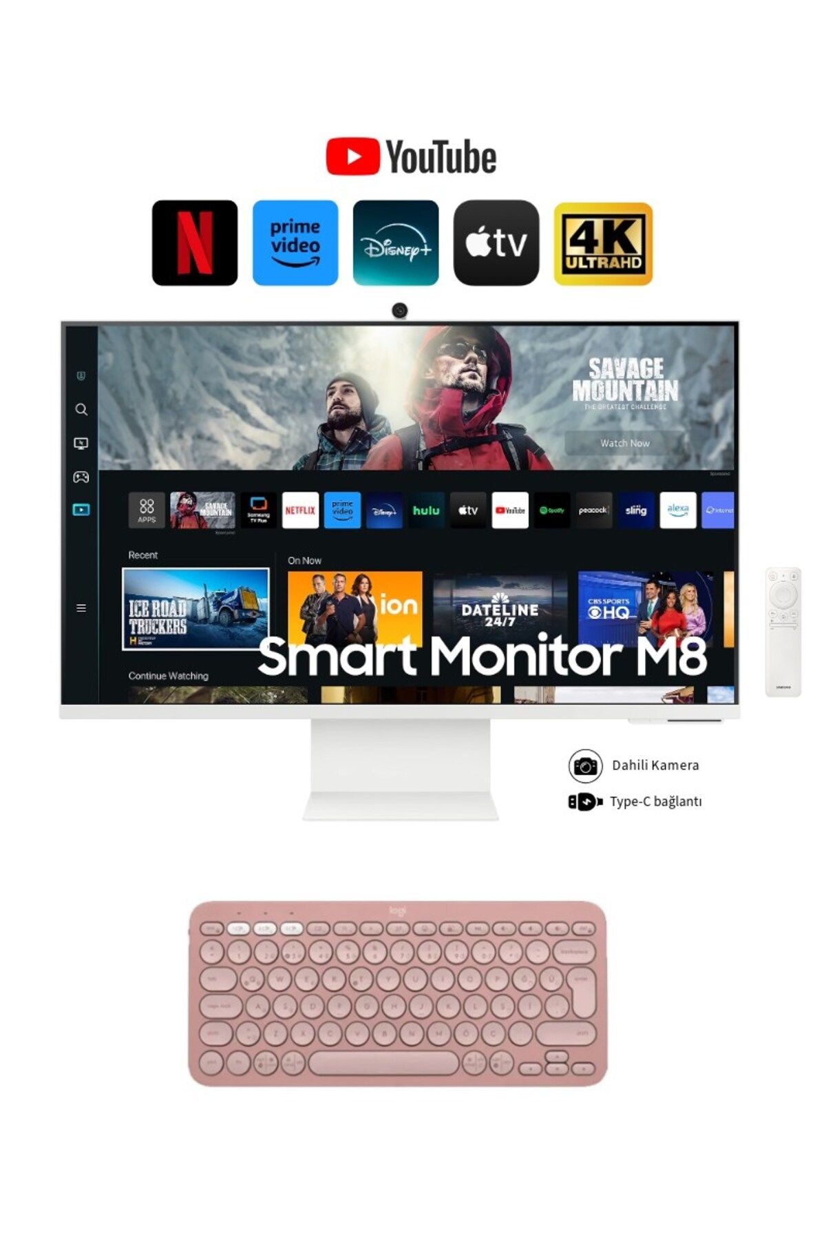 Samsung 32 Inç 4K Akıllı-SMART Monitör TV M8 M80c Beyaz Slim Tasarım Premium Gövde+ Logitech Kablosuz Klavye