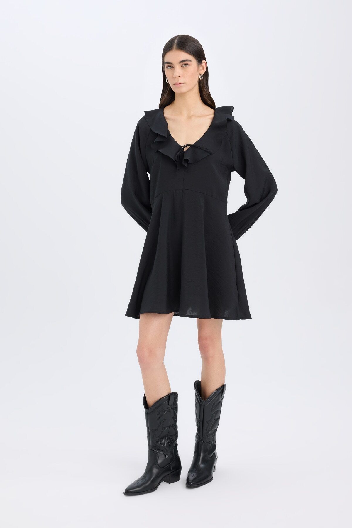 DeFacto-V Neck Modal Long Sleeve Mini Dress E4213Ax24Wn 2