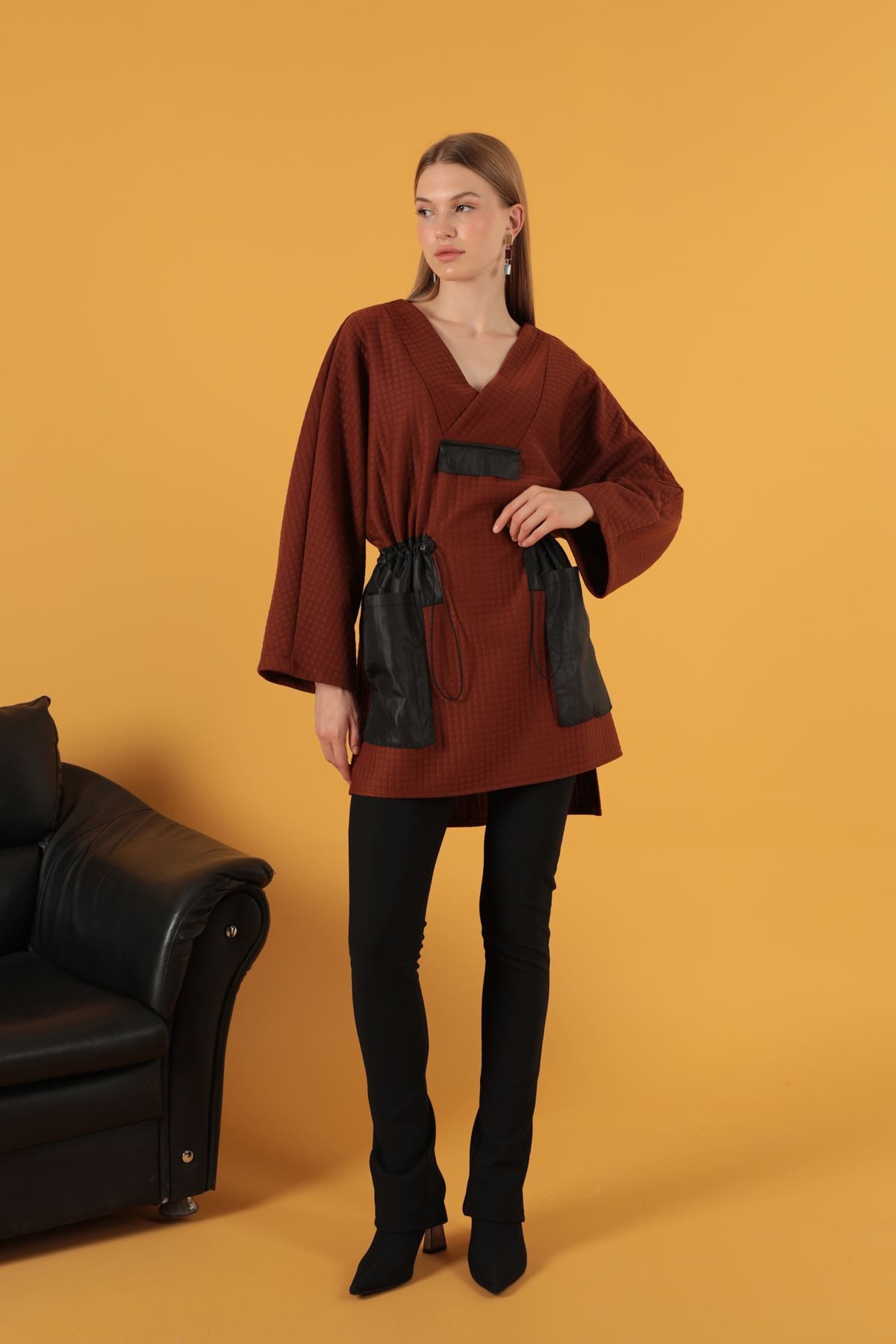 blueb Petek Kumaş Garnili Oversize Kadın Sweat-Kahve