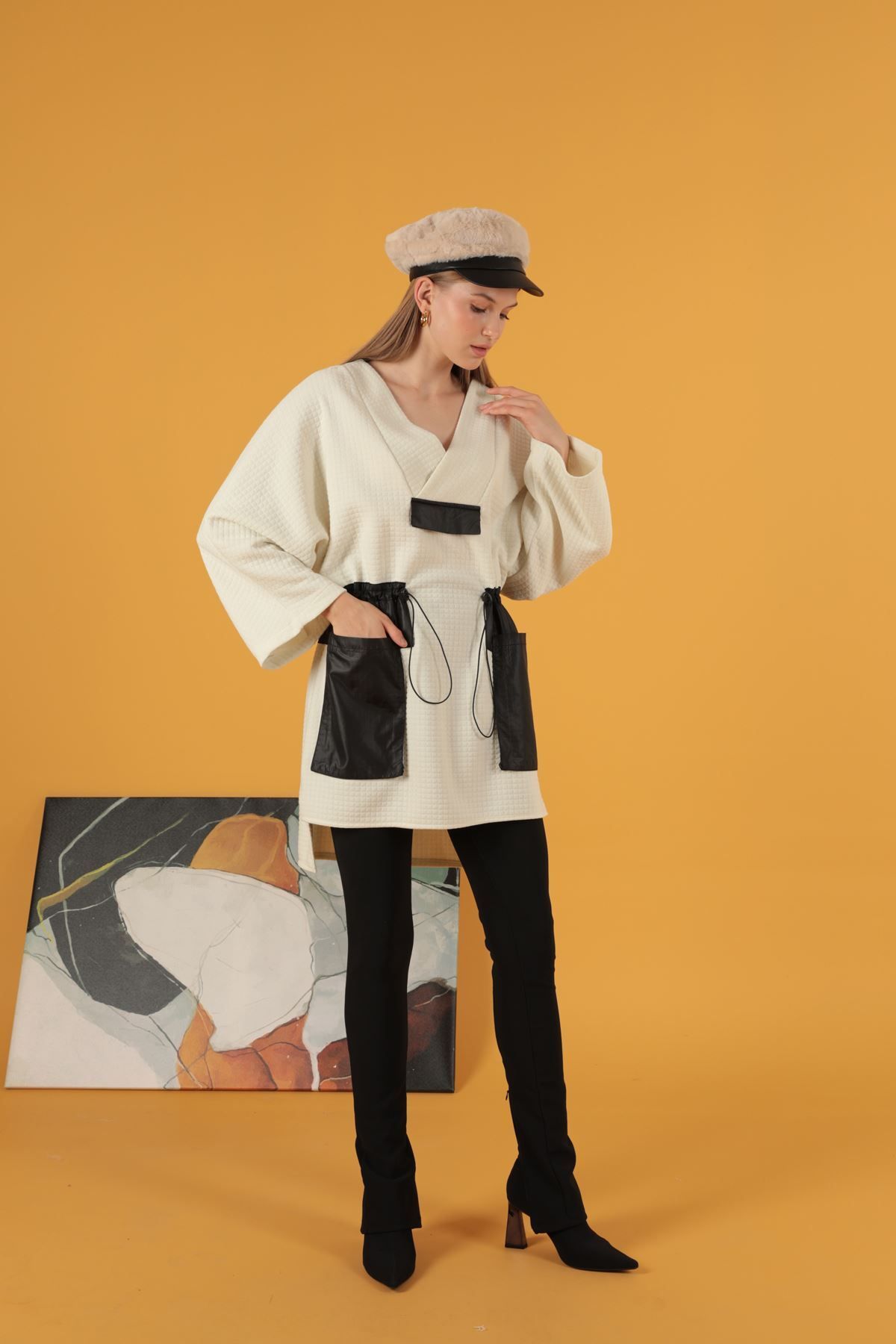 blueb Petek Kumaş Garnili Oversize Kadın Sweat-Ekru