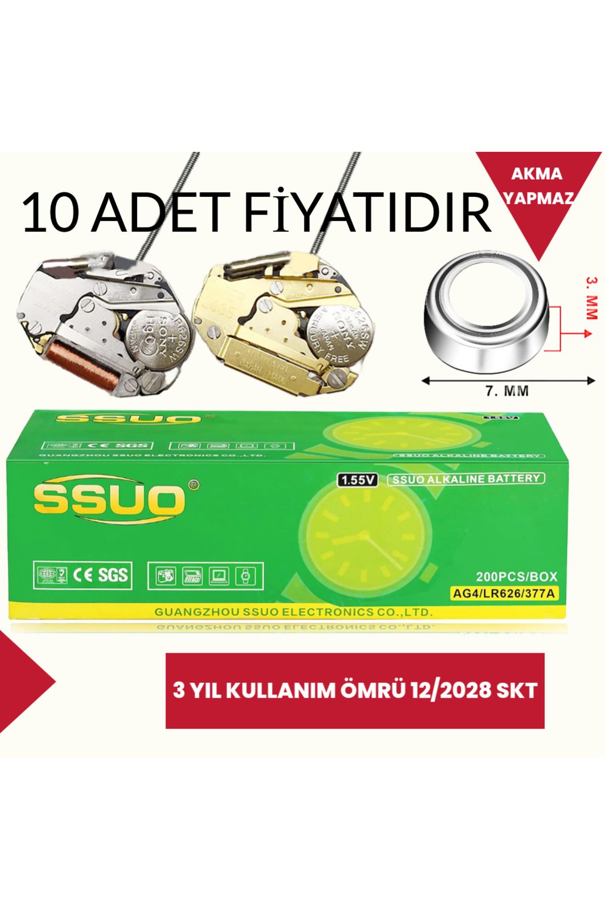 Supex Ssuo 1.55v Sr626sw/377 Ag4 Lr66 Gümüş Oksit Alkalin Kol Saati Pili 3 Yıl Kullanım Ömrü 10 Adet