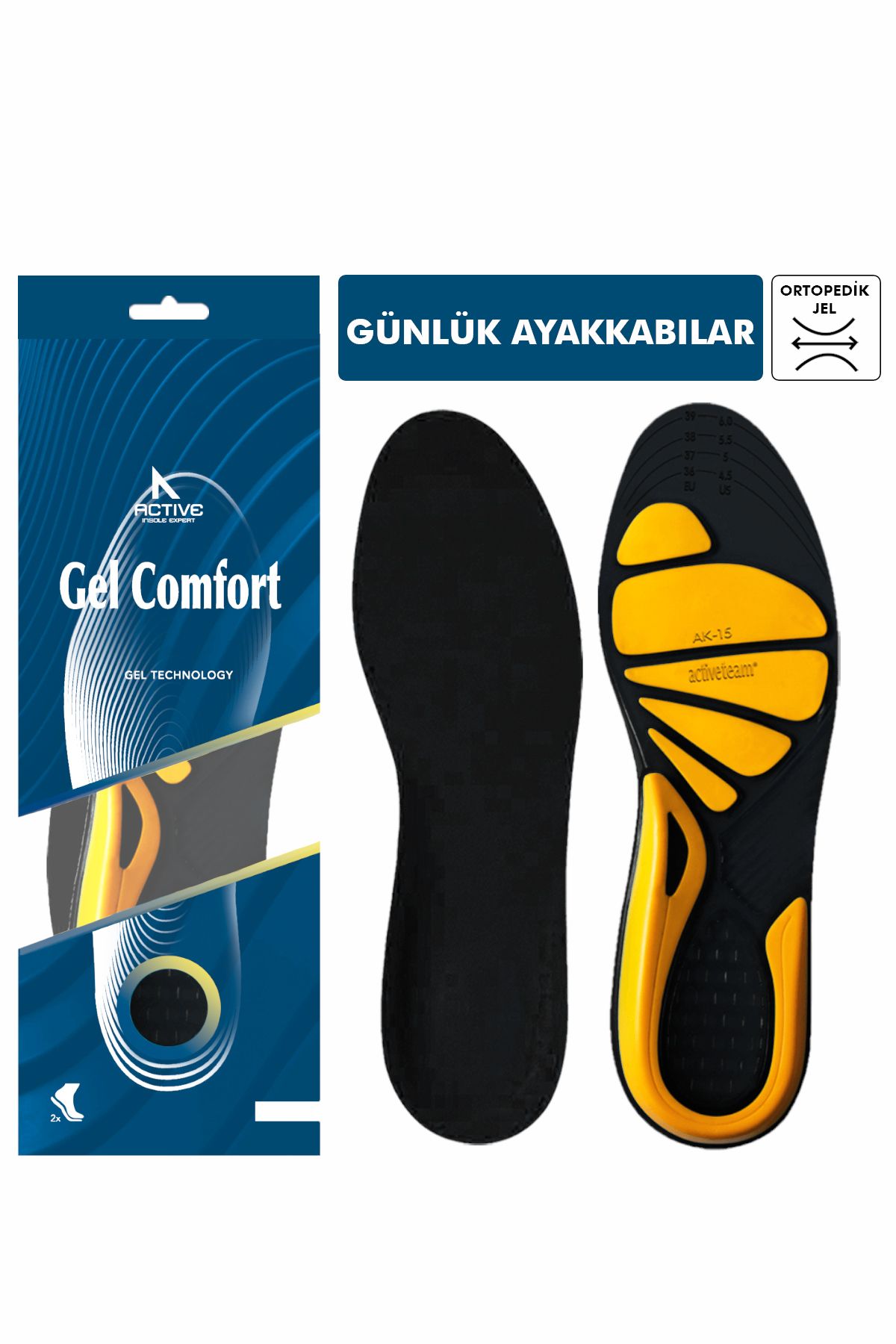 Gel Comfort GC14 - Siyah Active Gel - Yumuşak Kemer Destekli, Topuk Dikeni için Ortopedik Jel Tabanlık