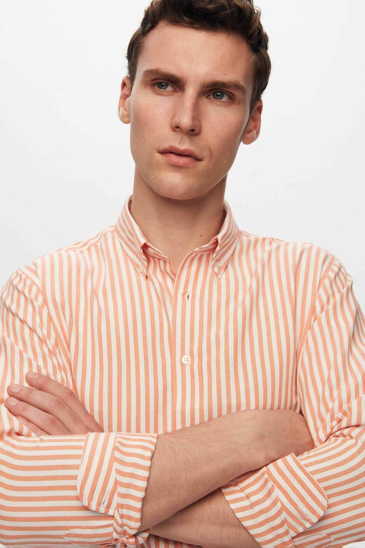 D'S Damat-Ds Damat Slim Fit Orange Striped Shirt 3