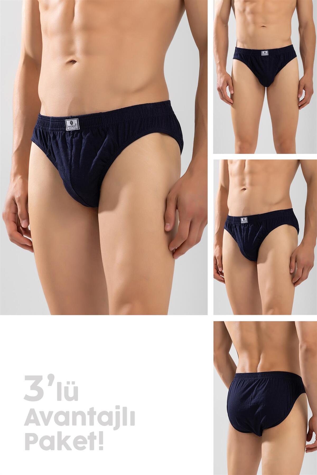 BAYKAR Erkek Pamuklu Beli Lastikli Düz Slip Külot 3'lü Paket Lacivert