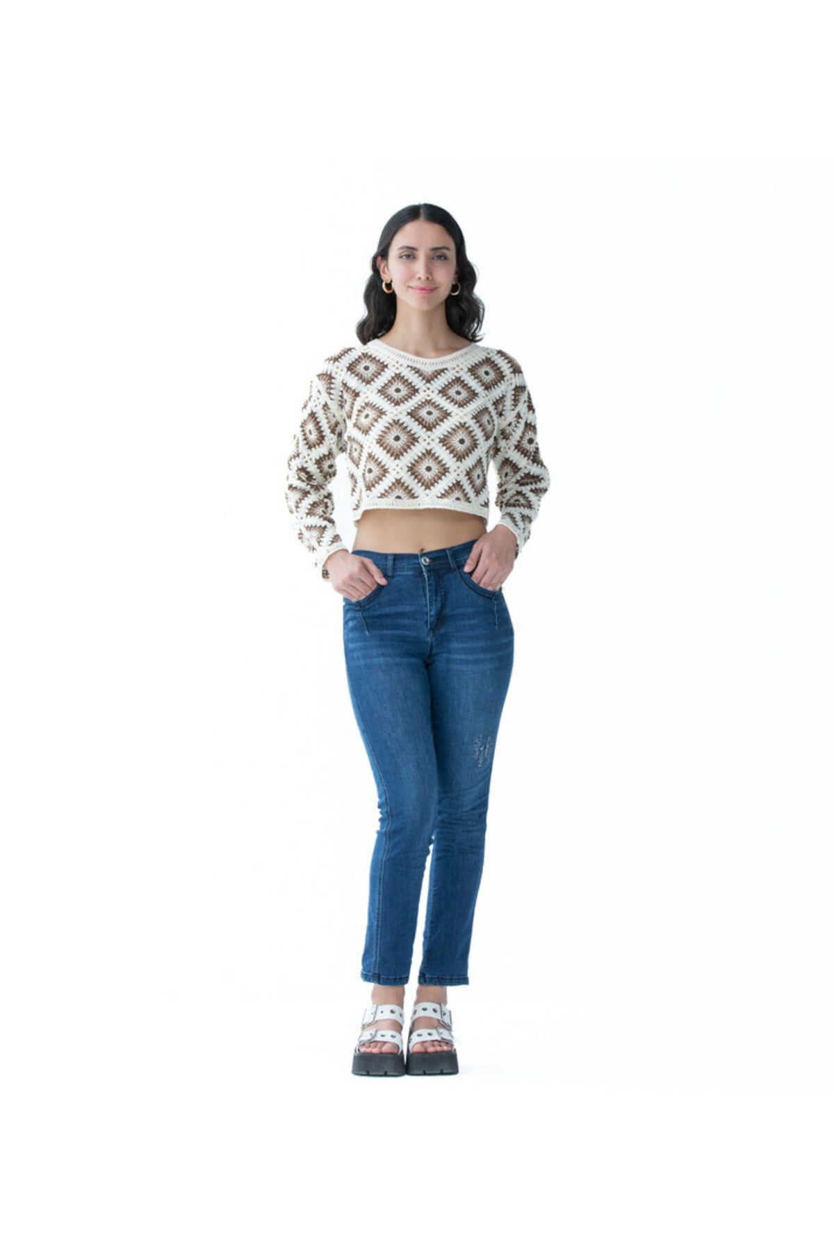 Hailys-Women's Crochet Knit Crop Top - Cream & Brown 4