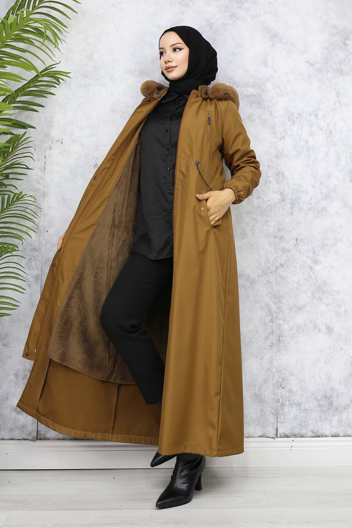 benguen-Tan 1050 - Long Bondit Coat with Plush Inside and Fur Collar 4