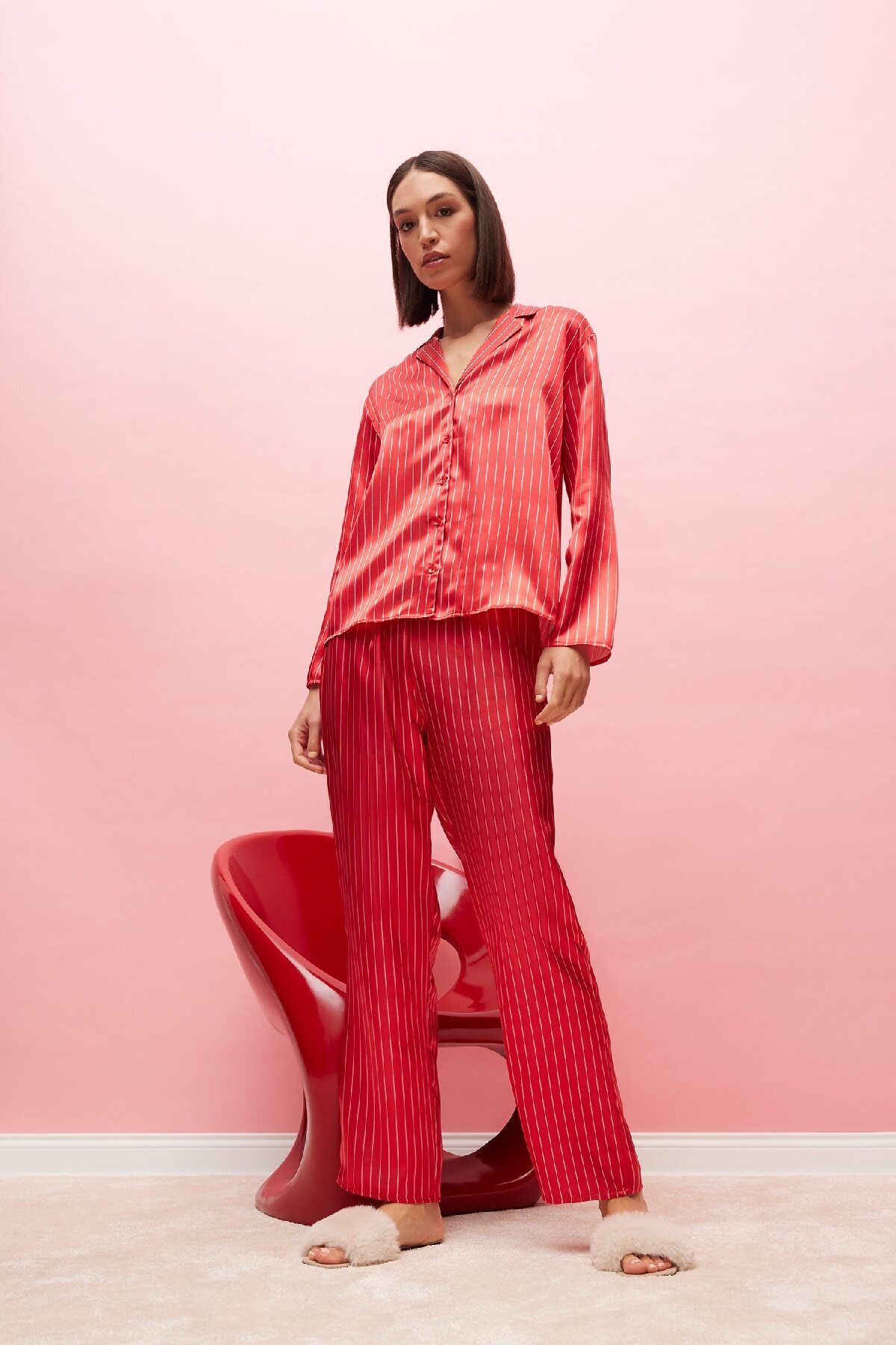 DeFacto-Satin Pajama Set - Long Sleeve, Button, Elastic Waist, Long Bottom D6417Ax24Wn 1