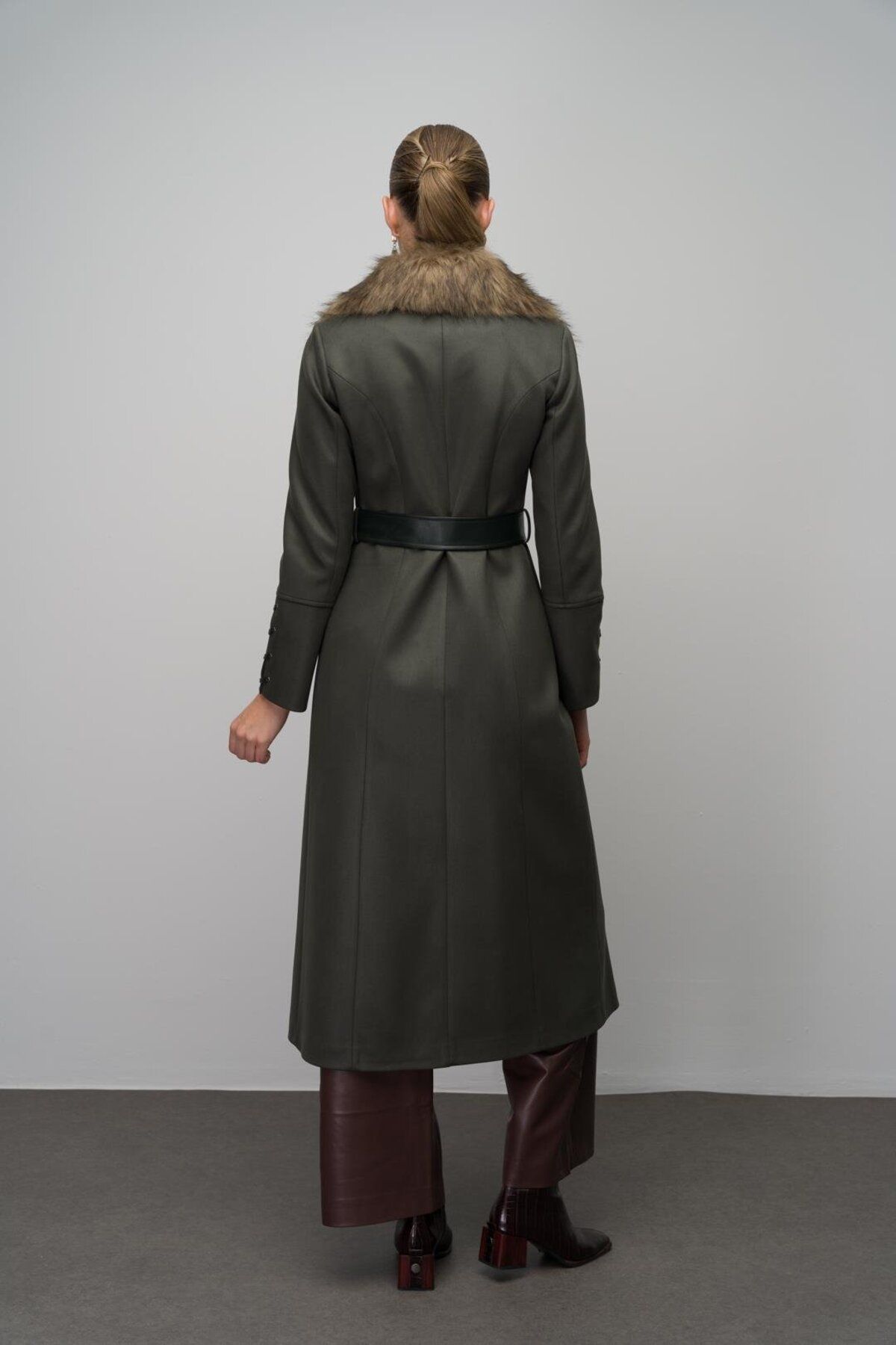 Olcay-Gabardine Suede Look Cap with Removable Collar Fur Leather Belt and Unit Detail Khaki 6645 7