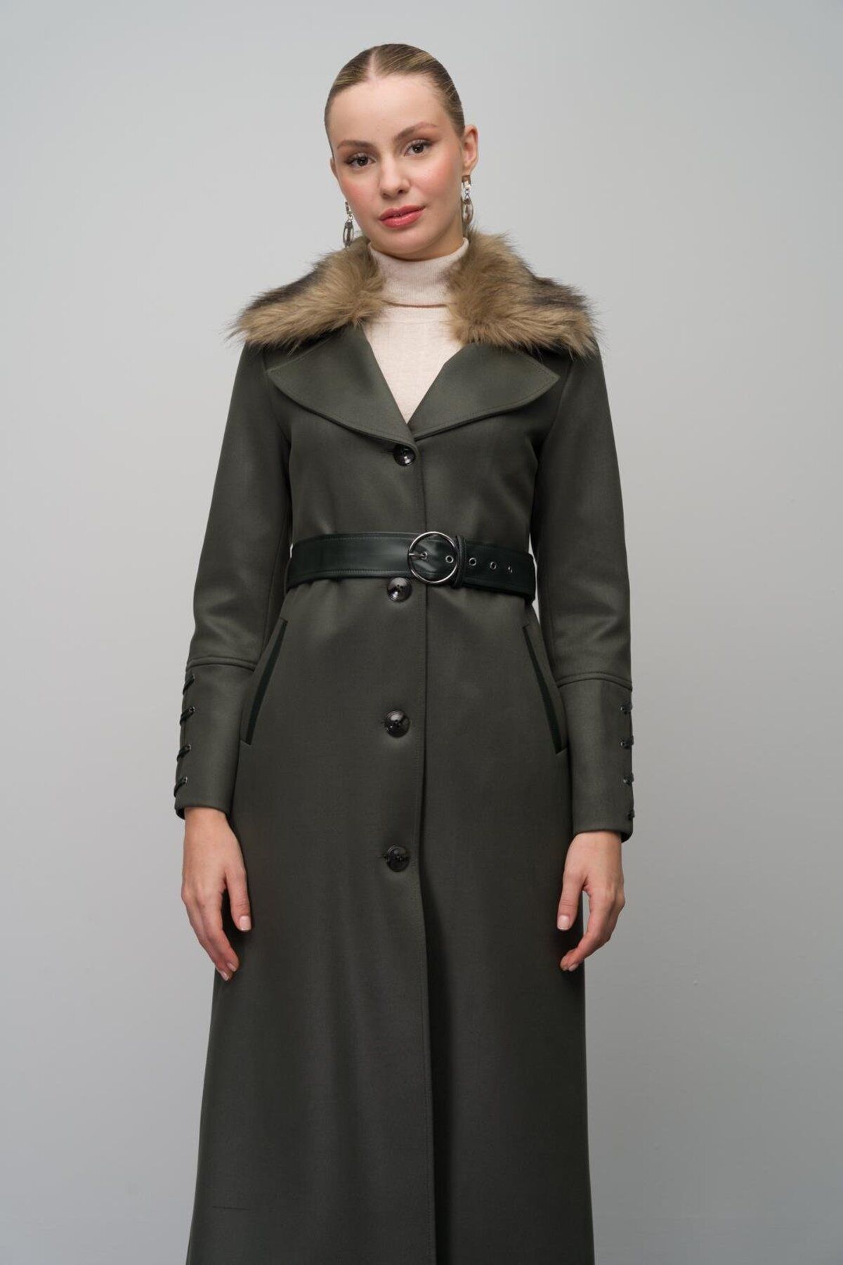 Olcay-Gabardine Suede Look Cap with Removable Collar Fur Leather Belt and Unit Detail Khaki 6645 2