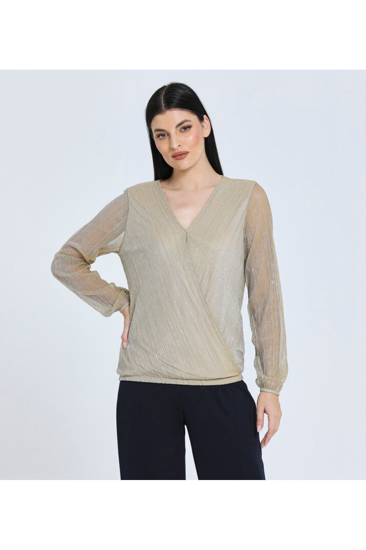 Zabaione-Women's Gold Metallic Wrap Top 1