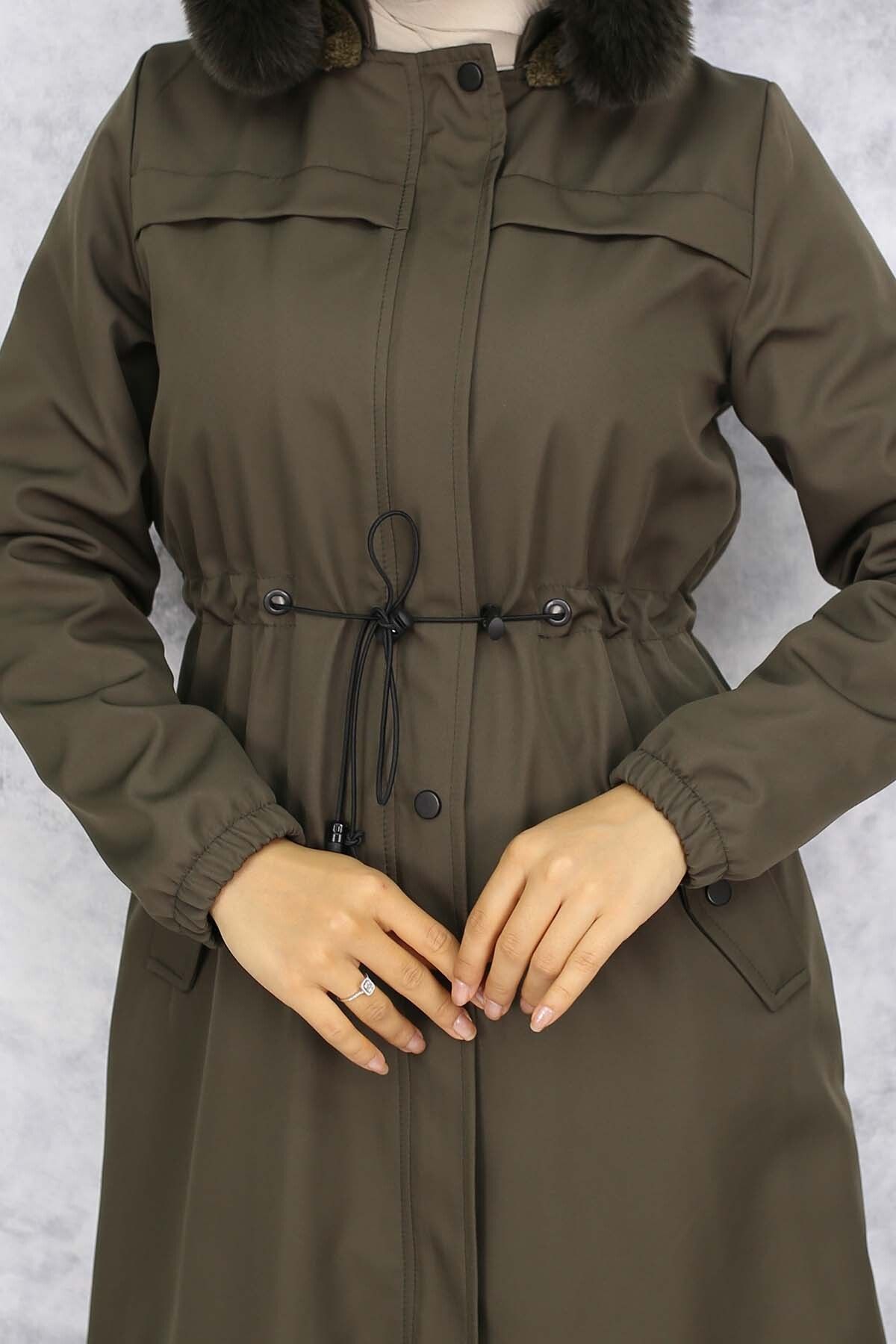 benguen-1051 Model - Khaki Color Long Bondit Coat with Plush Inside Surface and Fur Collar 3