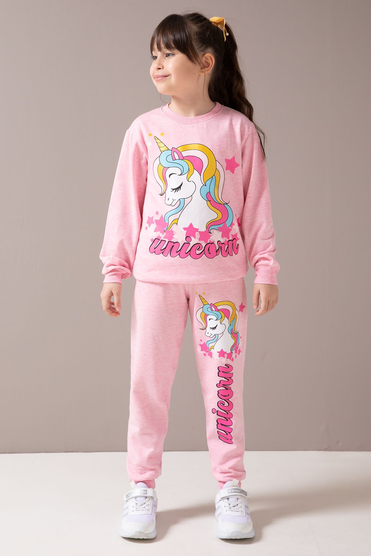 Cansın Mini-Pink Unicorn Printed Raised Girl's Tracksuit Set 19857 6