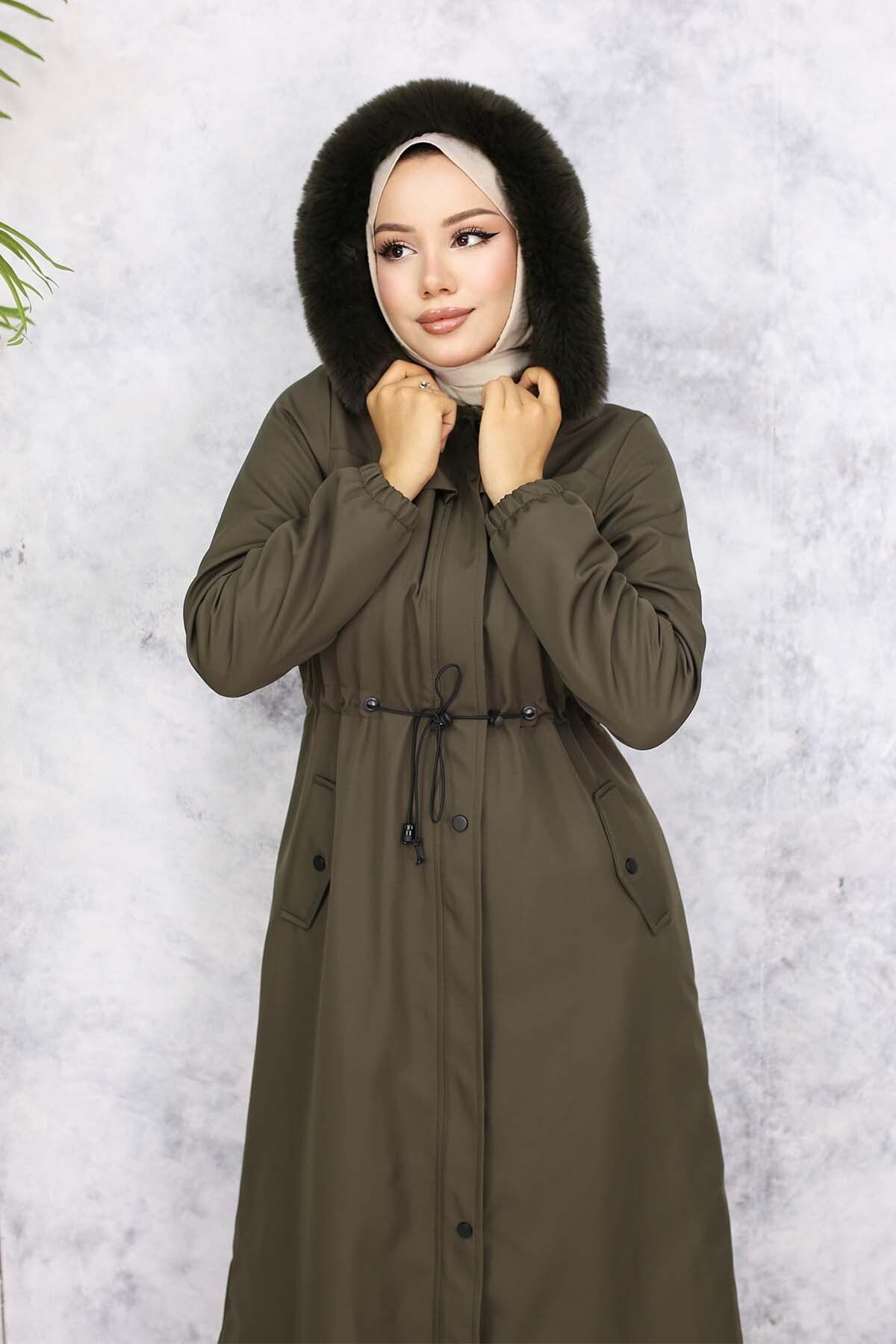 benguen-1051 Model - Khaki Color Long Bondit Coat with Plush Inside Surface and Fur Collar 2