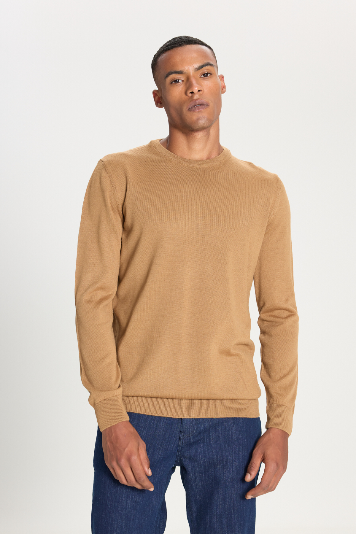 Erkek Camel Yünlü Standart Fit Normal Kesim Bisiklet Yaka Triko Kazak