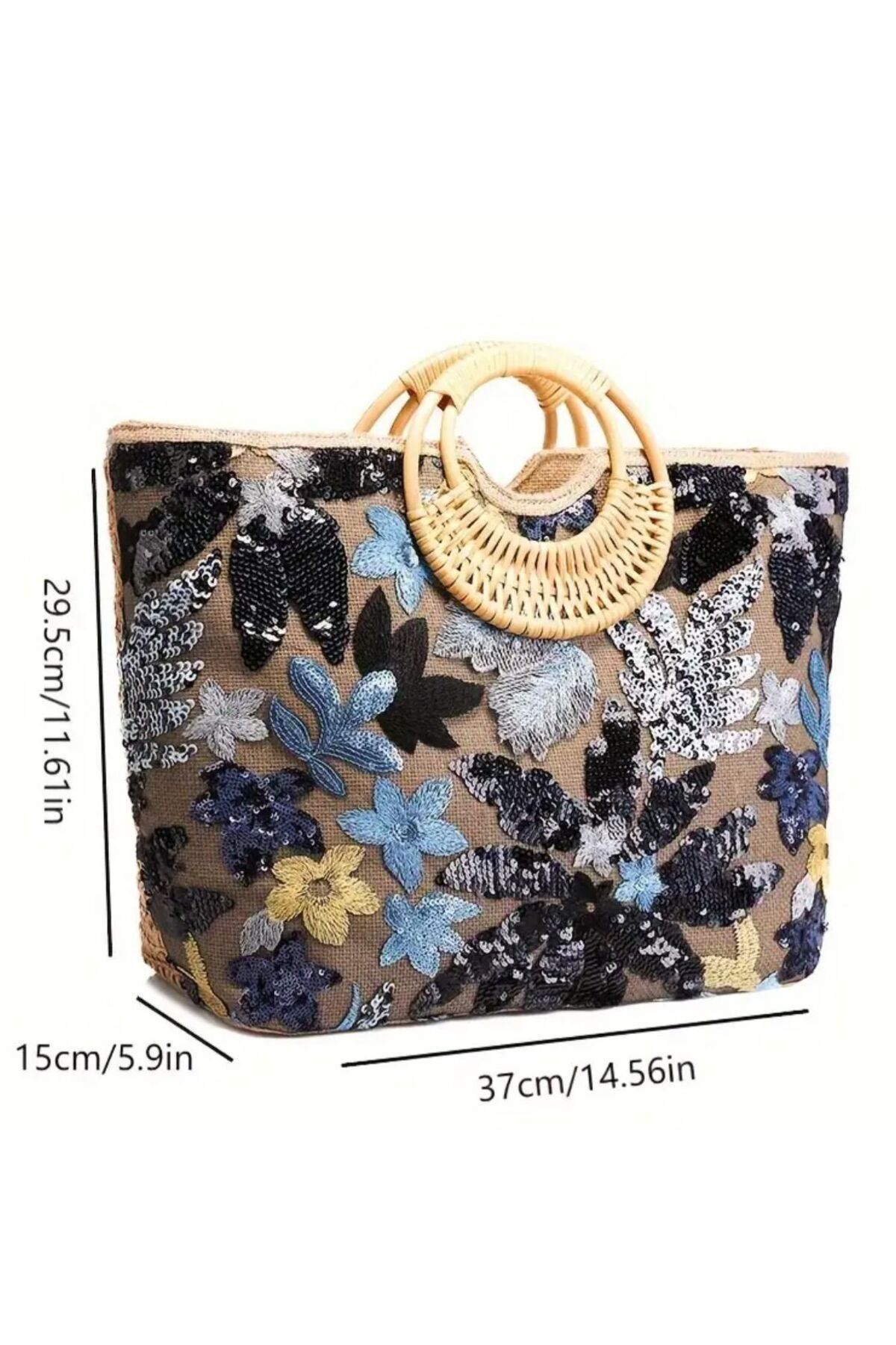 Miami Beach-Sequin Floral Patterned Jute Embroidered Bamboo Handle Zippered Beach & Travel Bag 5