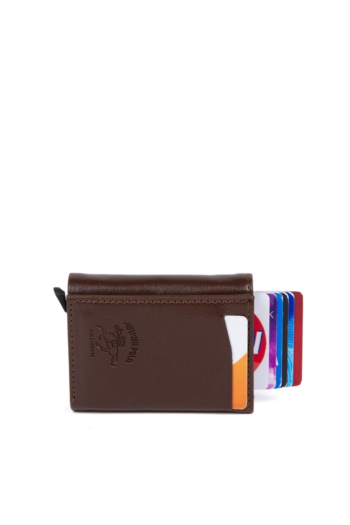 Newish-Men's Brown Faux Leather Aluminum Mechanism Slide Wallet and Card Holder 3