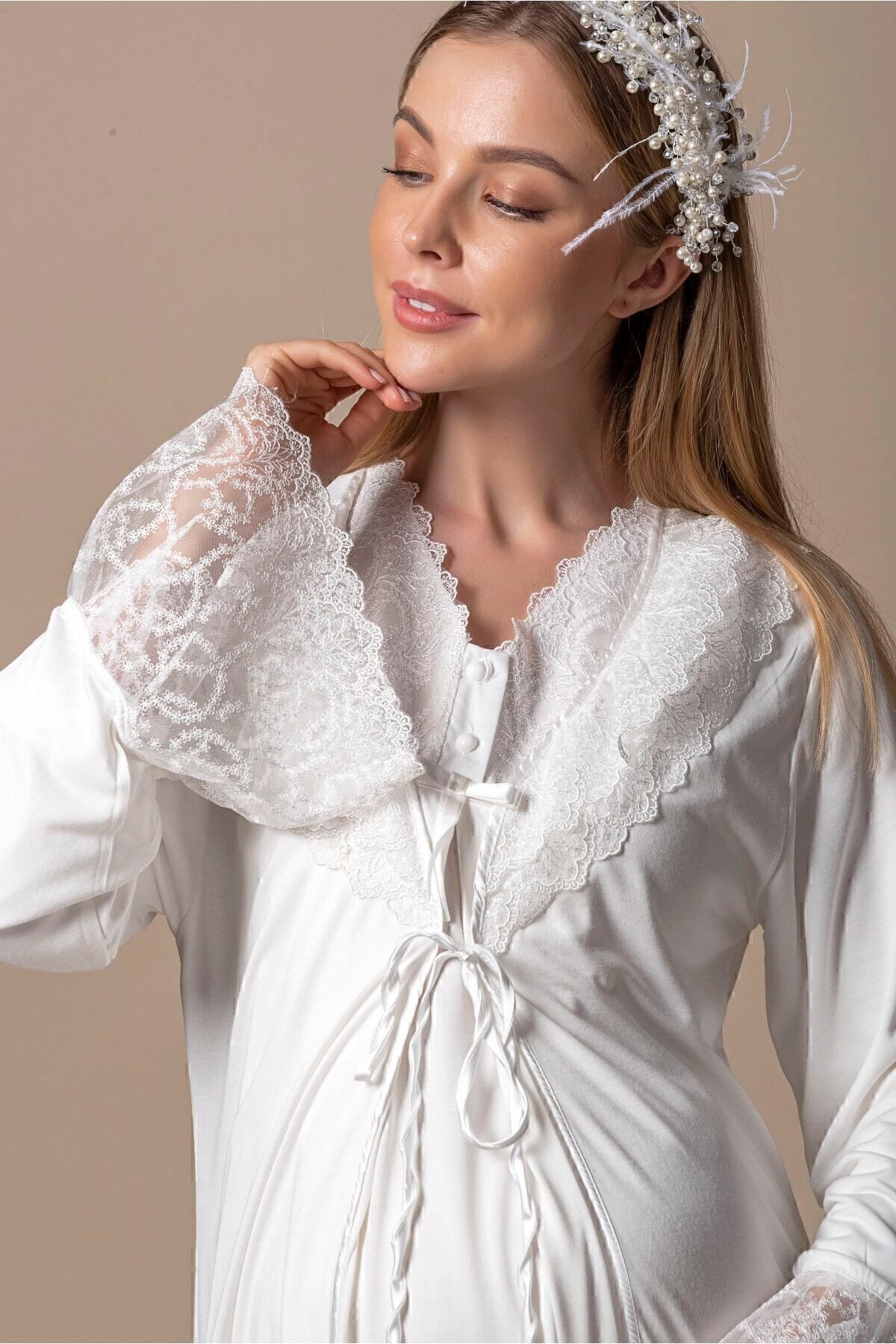 ByLohusa Effortt Ekru Sabahlıklı Hamile Lohusa Gecelik Takım fotoğrafı 3 (önizleme)