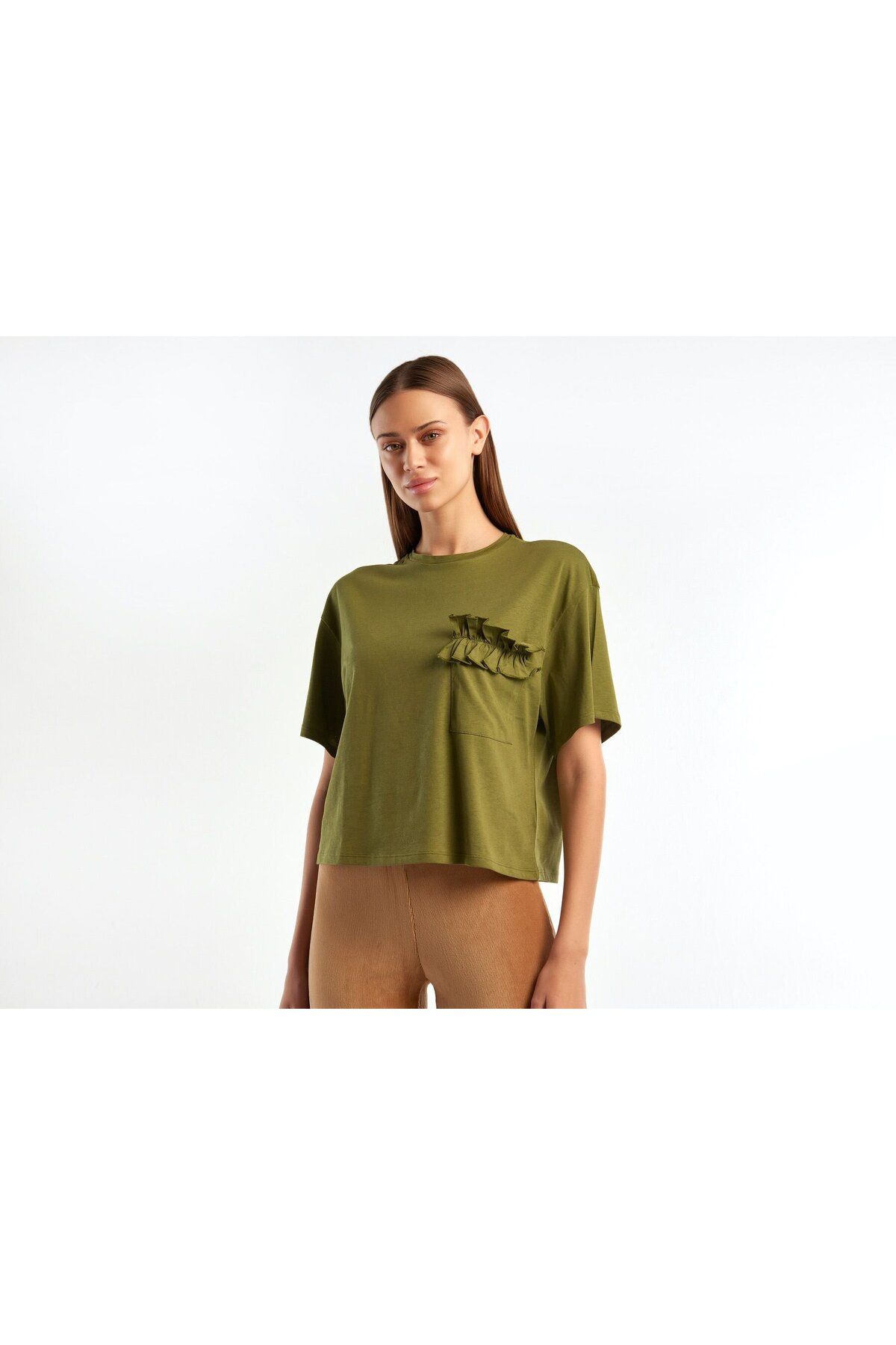 United Colors of Benetton-Tricou Koton cu volane verde olive pentru femei - 100% Koton 2