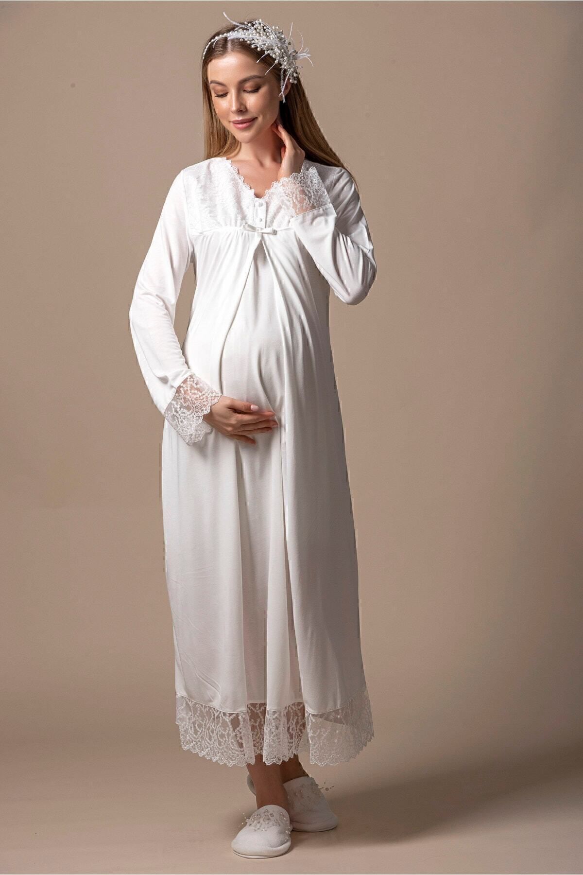 ByLohusa Effortt Ekru Sabahlıklı Hamile Lohusa Gecelik Takım fotoğrafı 5 (önizleme)