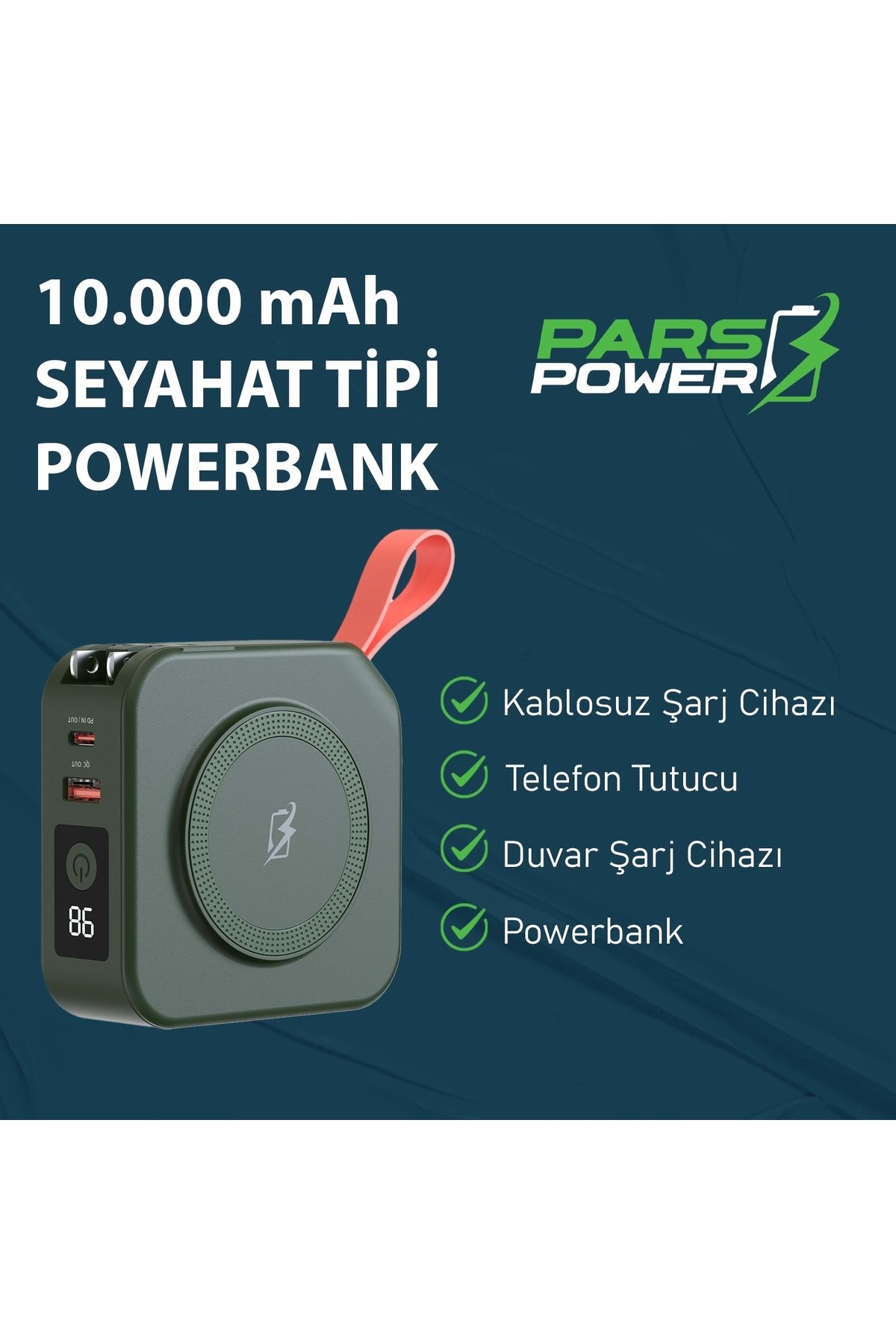 ParsPower Pars Power Tripmax PRS-M001G Gan Adaptörlü Power Bank Seyahat Şarj Aleti (Yeşil)