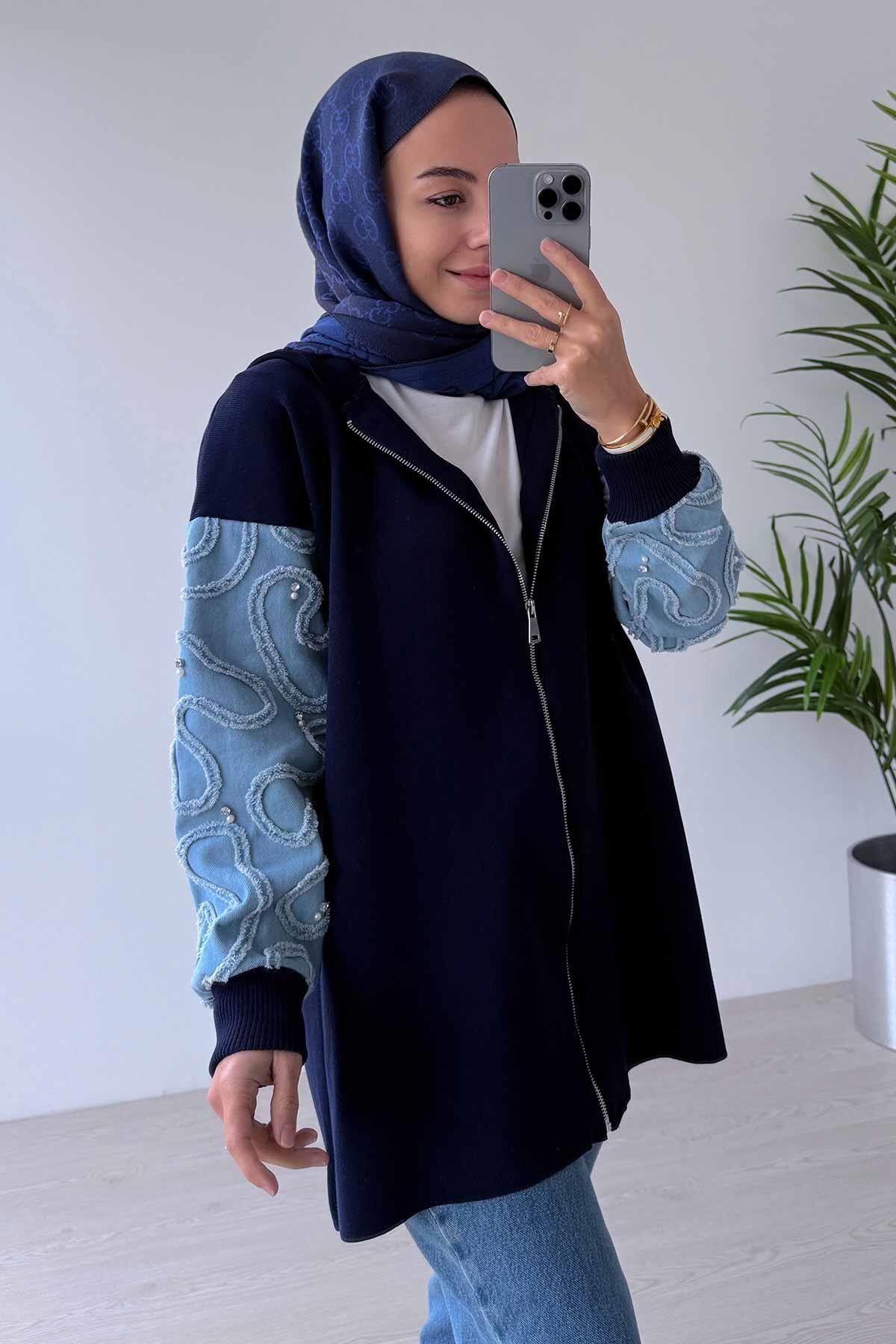 Ka Hijab-Knitwear Cardigan with Denim Detail on Sleeves - Navy Blue 2