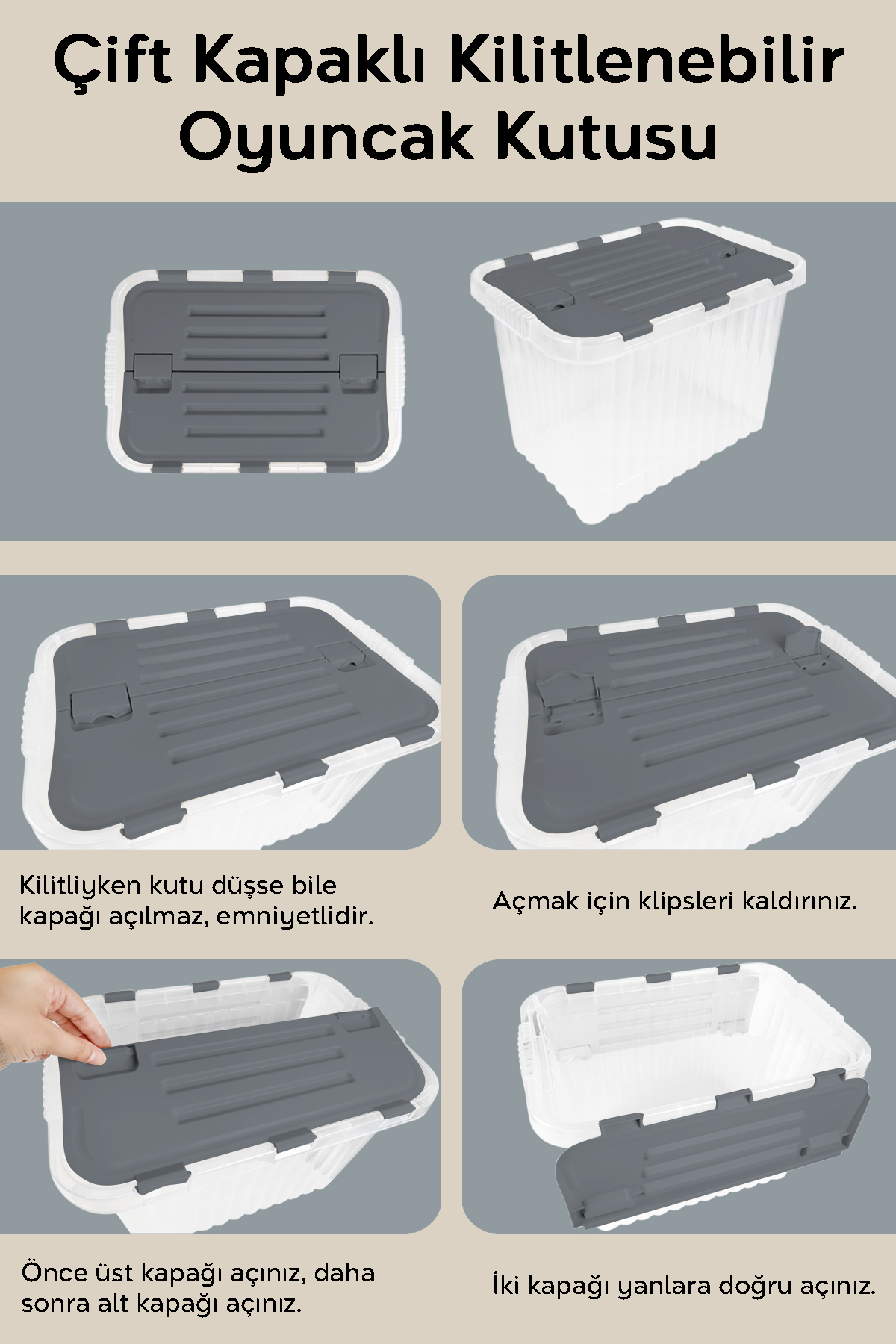 Meleni Baby Kilitli Kapak Oyuncak Kutusu - Bebek Çocuk Odası Düzenleyici - Çok Amaçlı Organizer - 16 Lt Antrasit fotoğrafı 6 (önizleme)