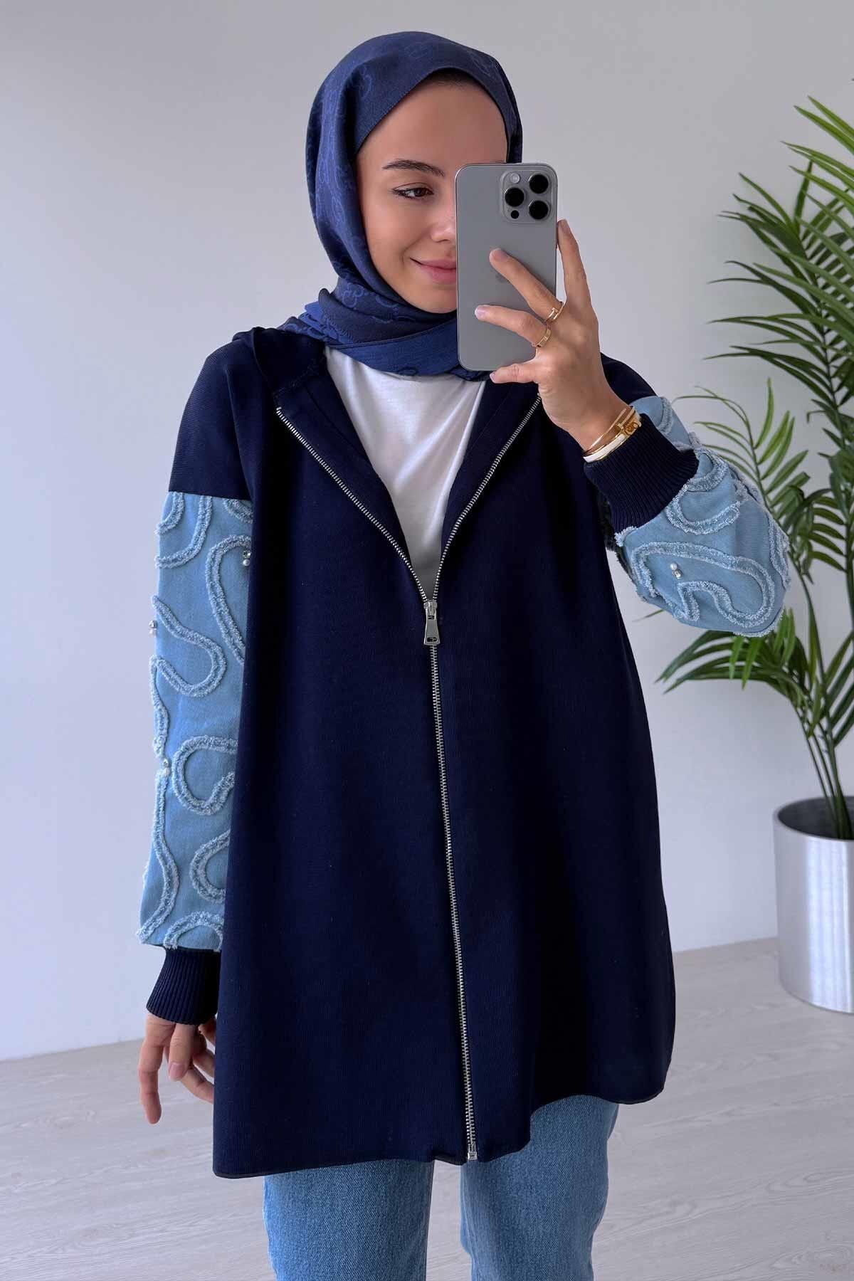 Ka Hijab-Knitwear Cardigan with Denim Detail on Sleeves - Navy Blue 1