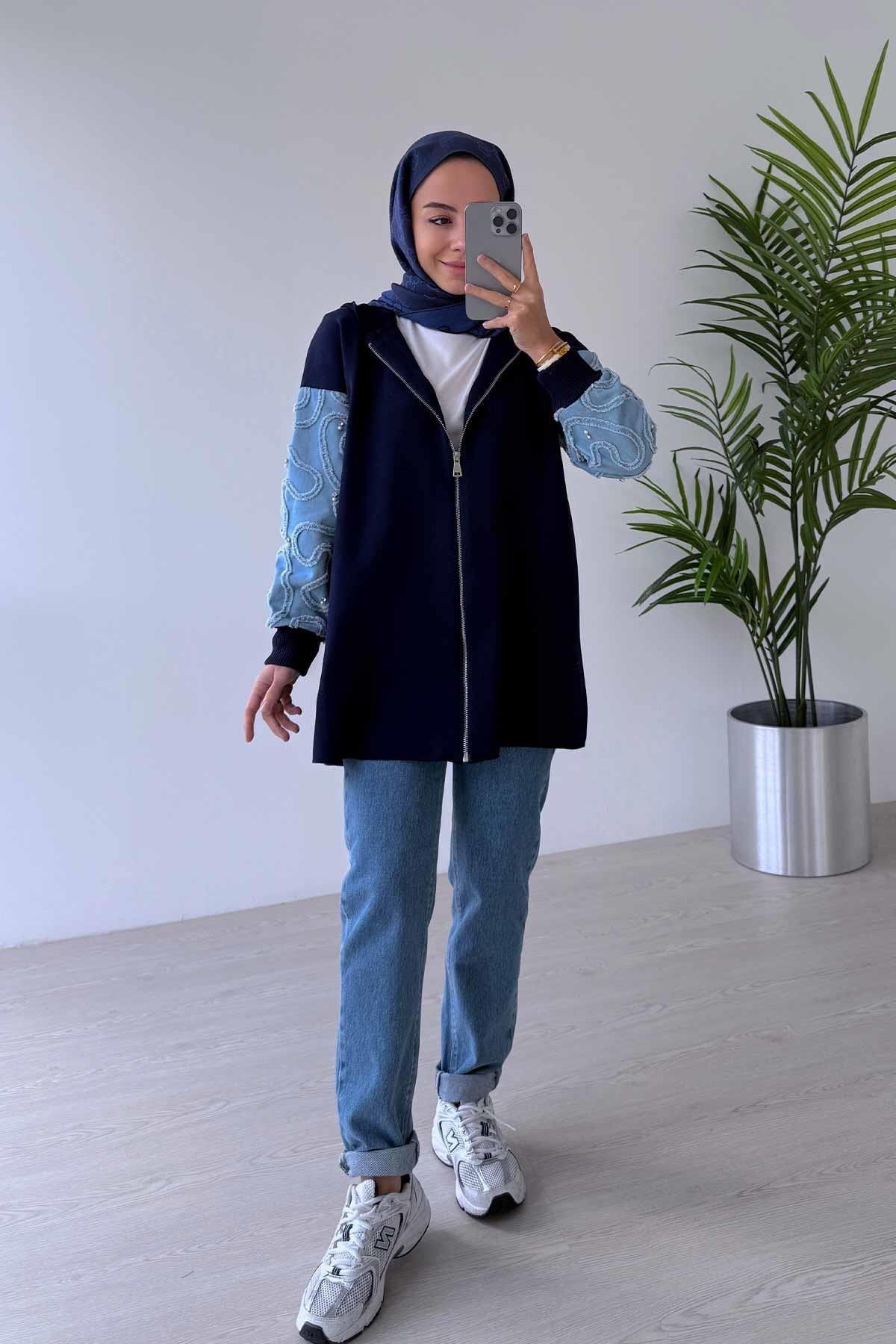 Ka Hijab-Knitwear Cardigan with Denim Detail on Sleeves - Navy Blue 4