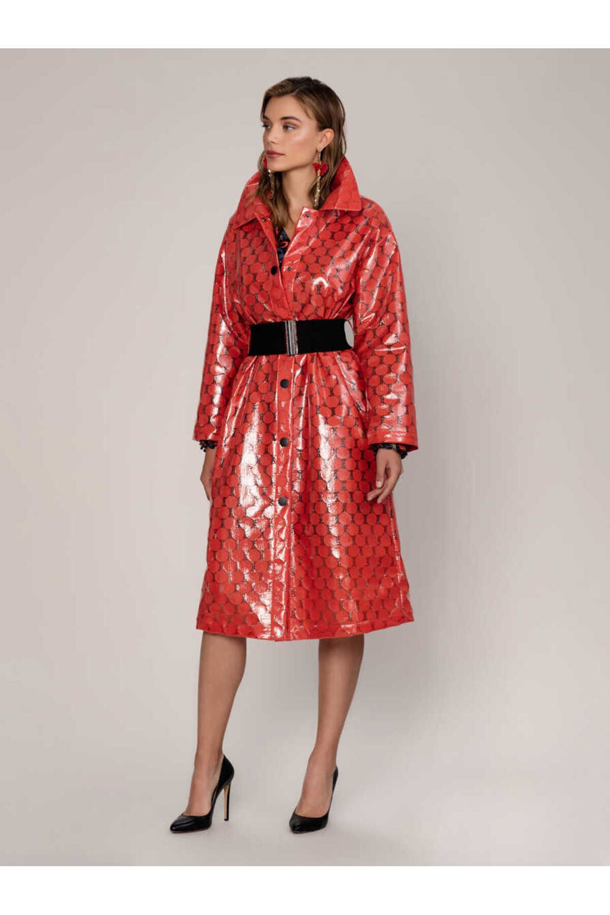 Roman-Ring Patterned Belted Women's Trench Coat Red 1