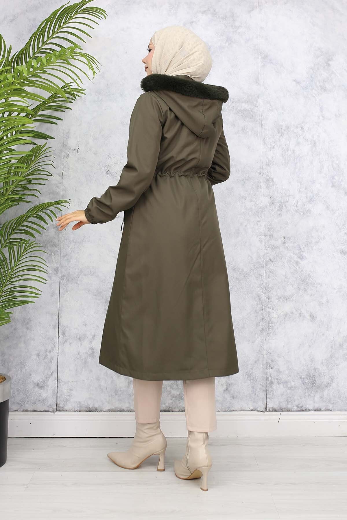 benguen-1101 Model Khaki Bondit Coat with Plush Inside and Fur Collar 6