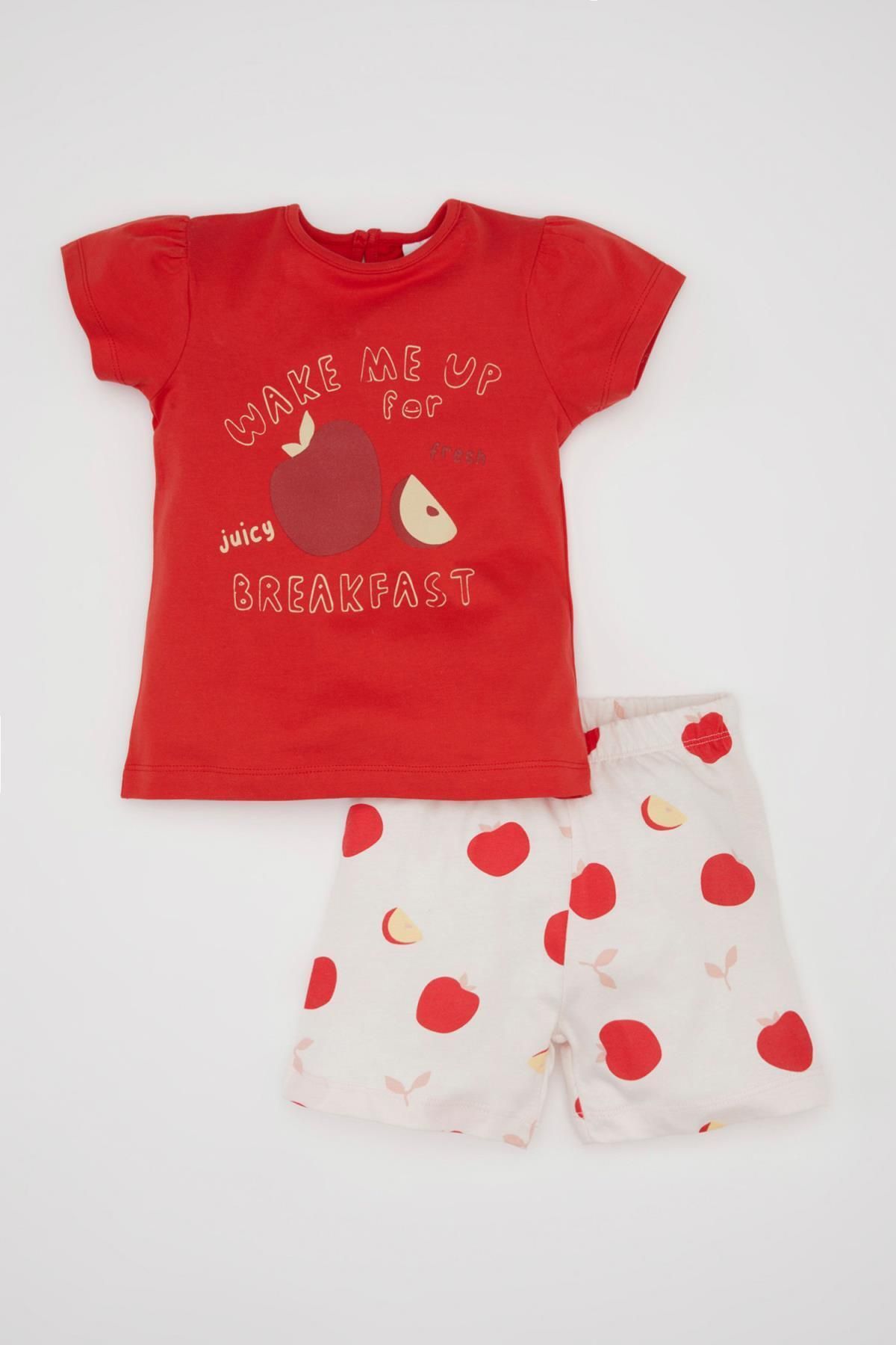 DeFacto-Baby-Mädchen-Pyjama-Set, kurzärmeliges Oberteil aus gekämmter Baumwolle mit Fruchtmuster, Shorts C0970a524hs 1