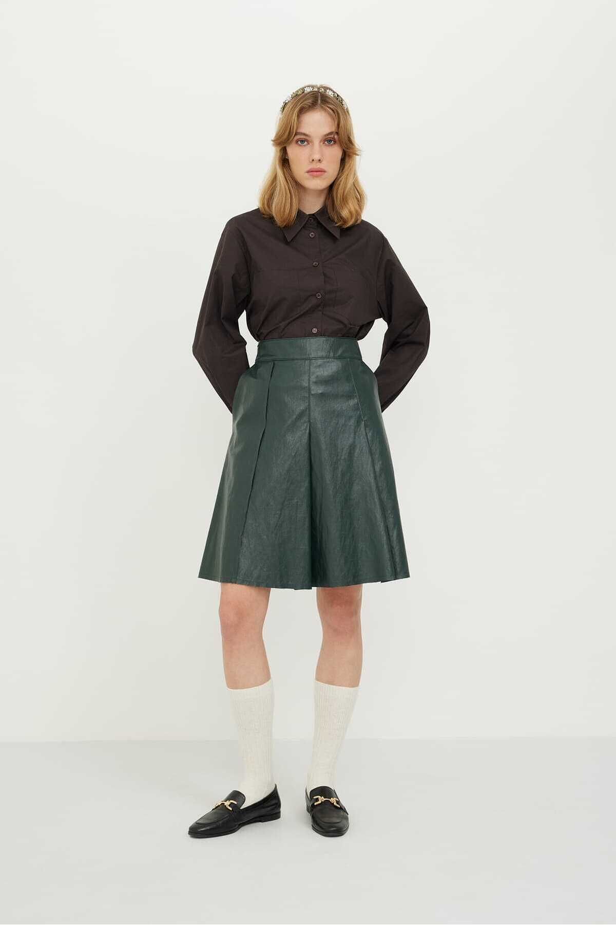 Roman-Knee Length Leather Pleated Skirt Green K2415002_012 1