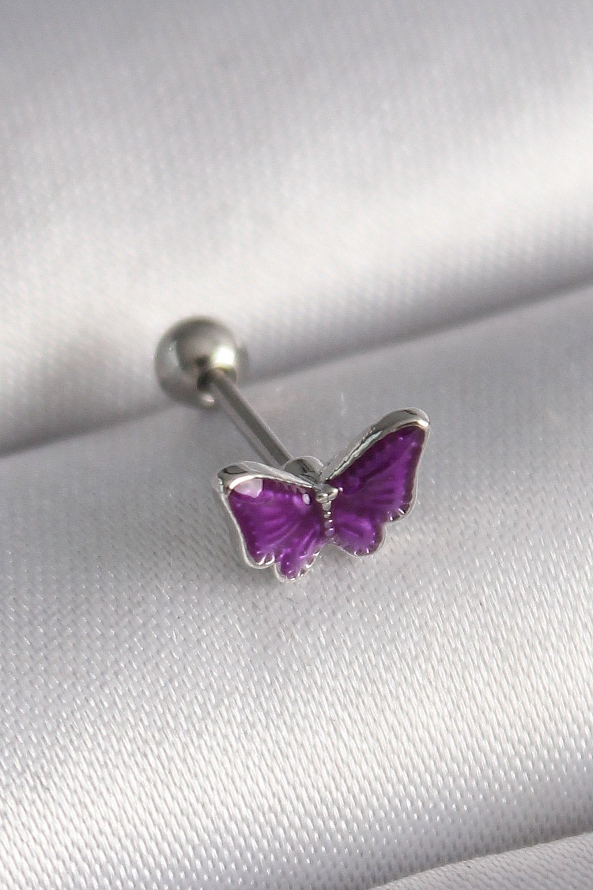 MAYAS 316L Çelik Gümüş Renk Mor Kelebek Model Tragus Piercing