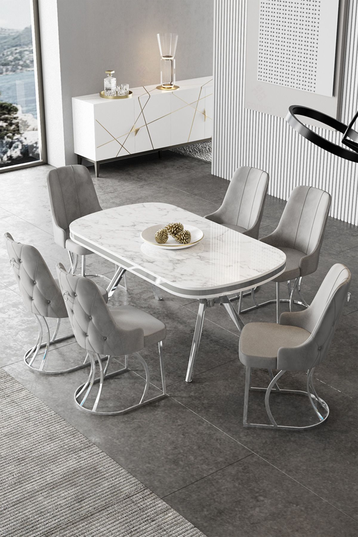 Canisa Epal Serisi 90x168 Lak Panel Beyaz Mermer Desen Masa Takımı Krom Ayaklı 6 Gri Sandalye