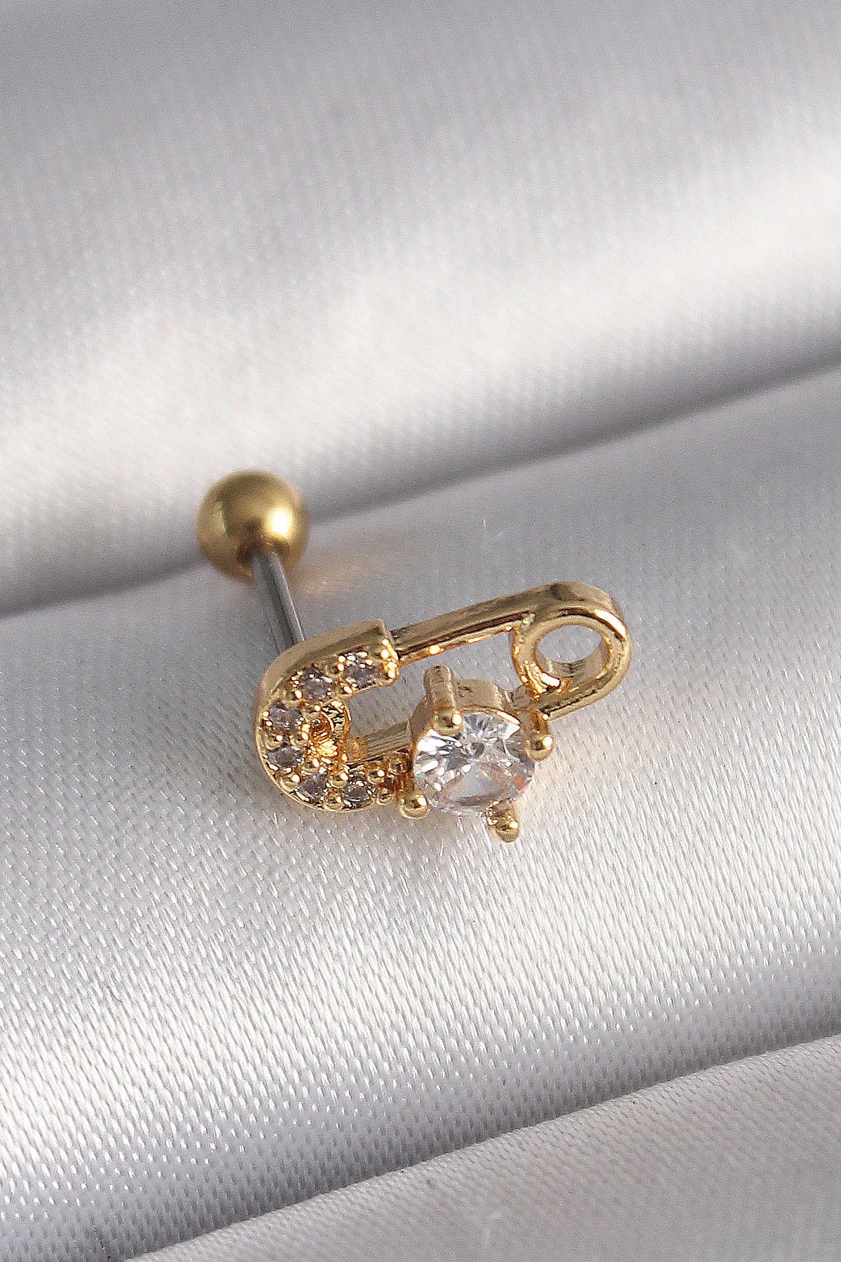 MAYAS 316L Çelik Gold Renk Zirkon Taşlı Toplu İğne Tragus Piercing