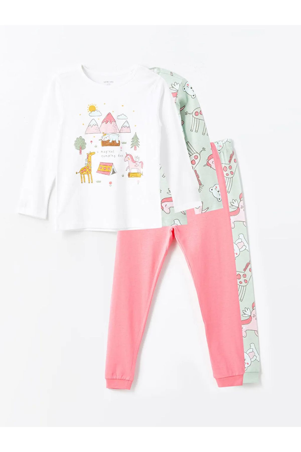 LC Waikiki-Lcw Baby White Crew Neck Printed Baby Girl 2-Piece Pajamas Set 1