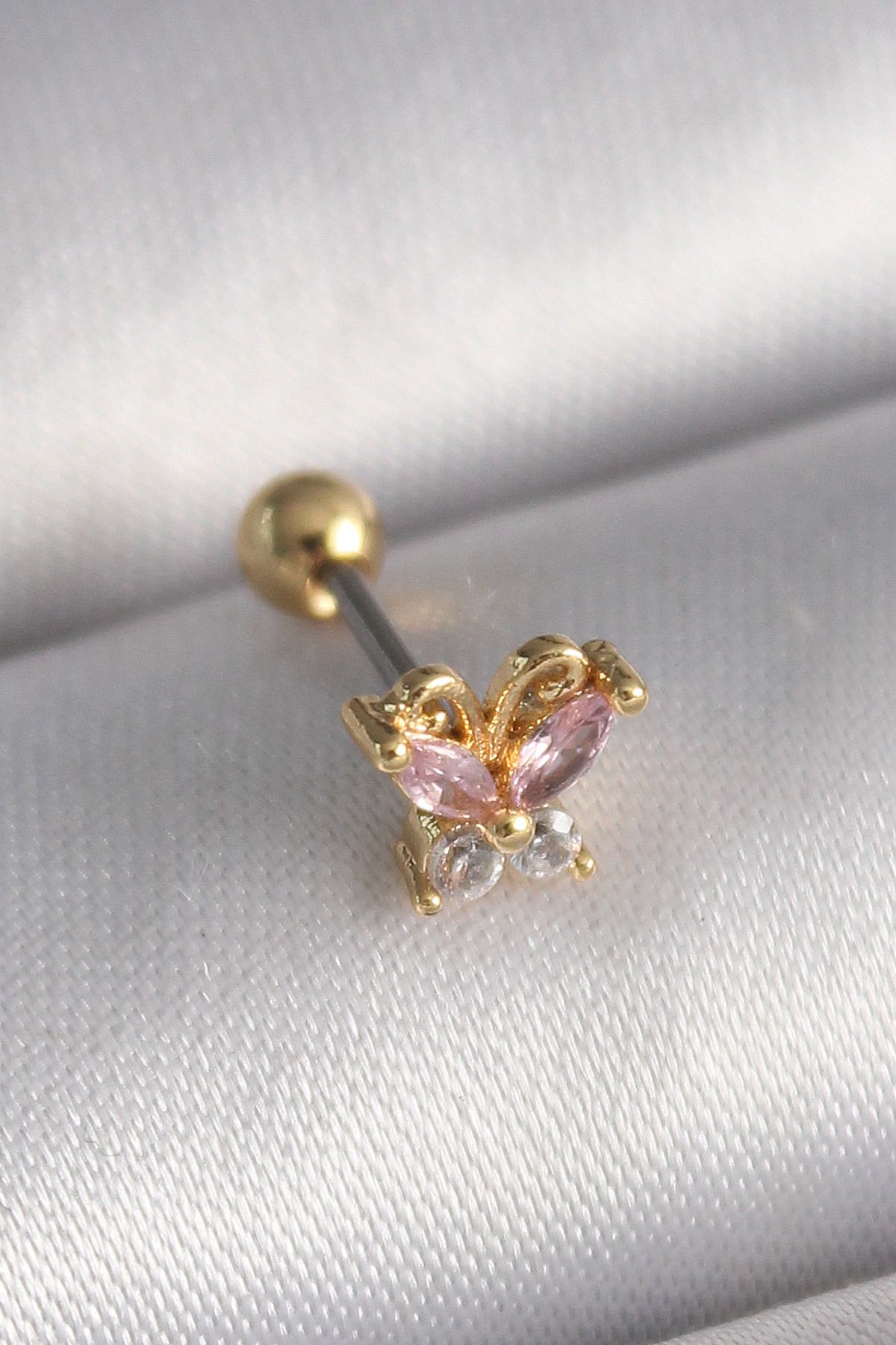 MAYAS 316L Çelik Gold Renk Pembe Zirkon Taşlı Kelebek Tragus Piercing