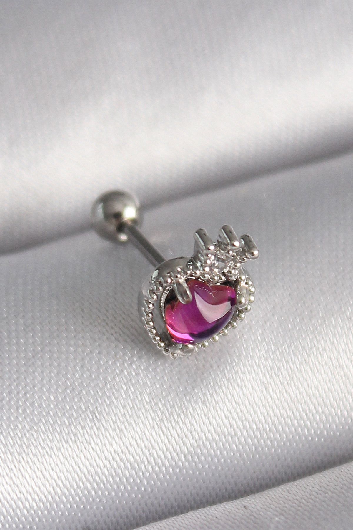 Maristas Çelik Gümüş Renk Pembe Mineli Kalp Zirkon Taş Detaylı Taç Tragus Piercing