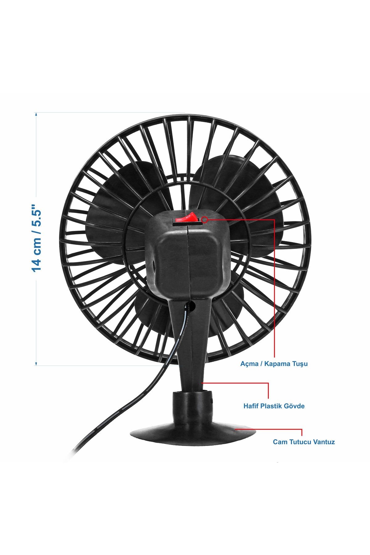 Mega Oto Market-5.5" 14 cm Mini Fan - In-Car 12V Suction Cup, Propeller Cigarette Lighter Port All a 5