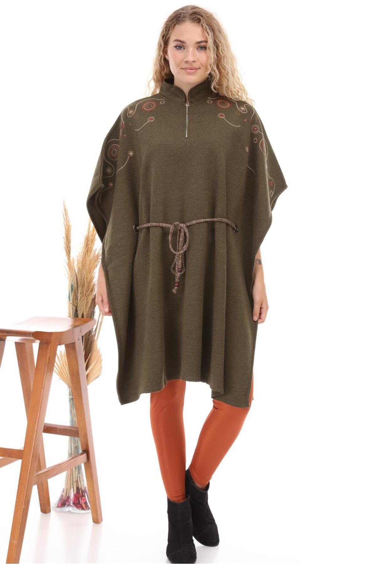 Garmi Kadın Belden Kuşaklı Panço Haki