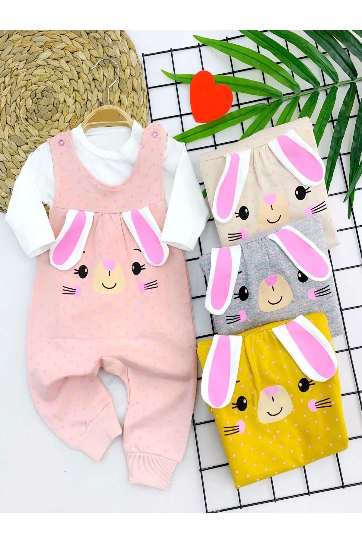 Diji Baby-9-24 Months Baby Girl Salopet Set with Cute Rabbit Ears and Sweat Set of 2 1