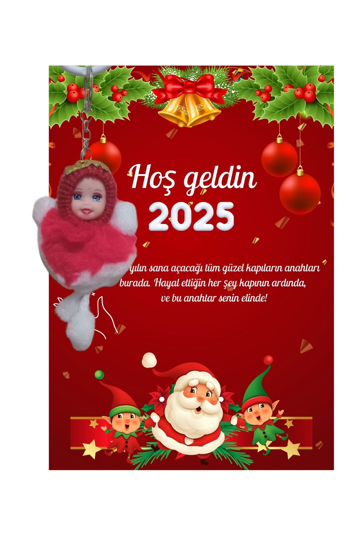 P Parla Yeni Yıl Noel Baba Kart Üzerinde Anahtarlık (Kişiye Özel Yazı Yazdırılabilir) Peluş Bebek