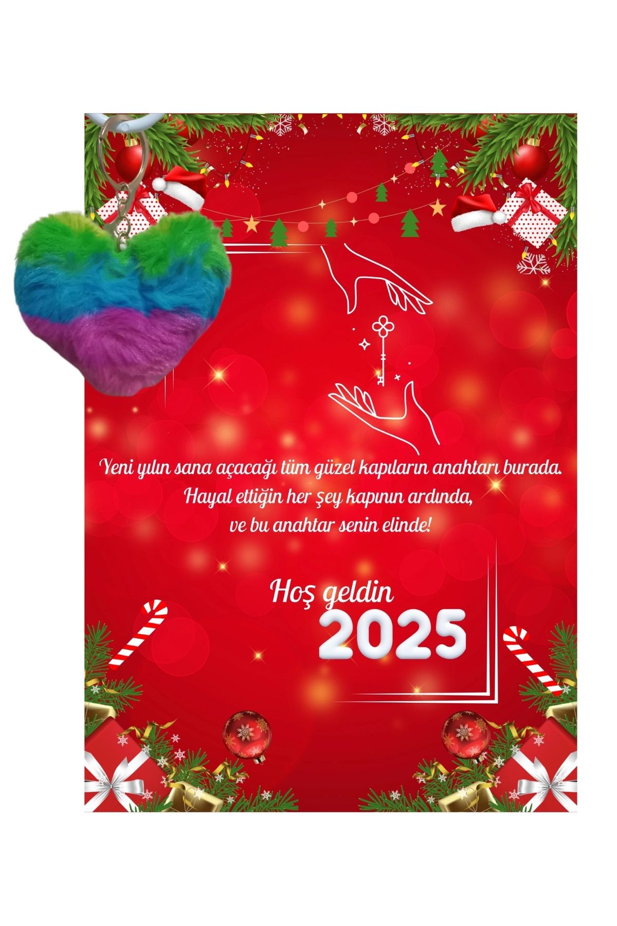 P Parla Yeni Yıl 2025 Kart Üzerinde Anahtarlık (Kişiye Özel Yazı Yazdırılabilir) Renkli Kalp