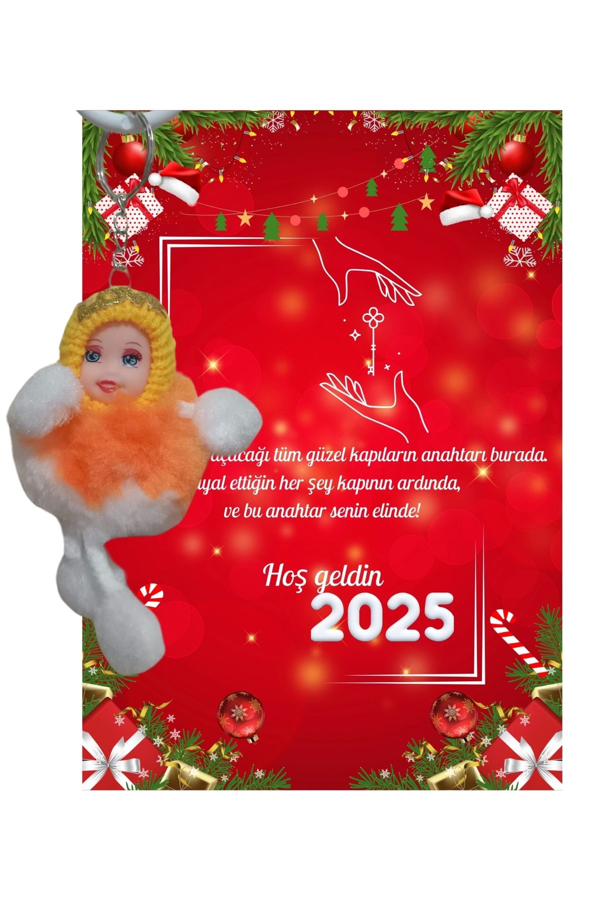 P Parla Yeni Yıl 2025 Kart Üzerinde Anahtarlık (Kişiye Özel Yazı Yazdırılabilir) Peluş Bebek