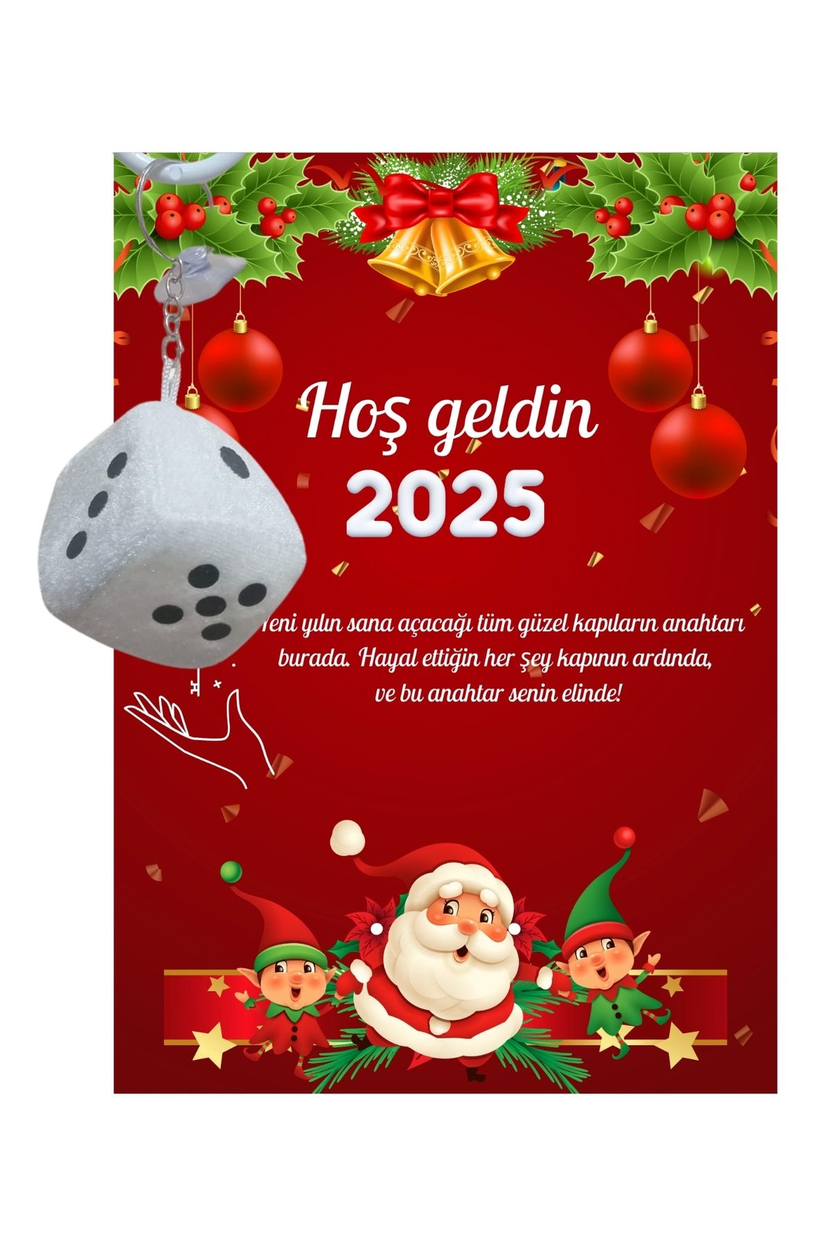 P Parla Yeni Yıl Noel Baba Kart Üzerinde Anahtarlık (Kişiye Özel Yazı Yazdırılabilir) Zar Model